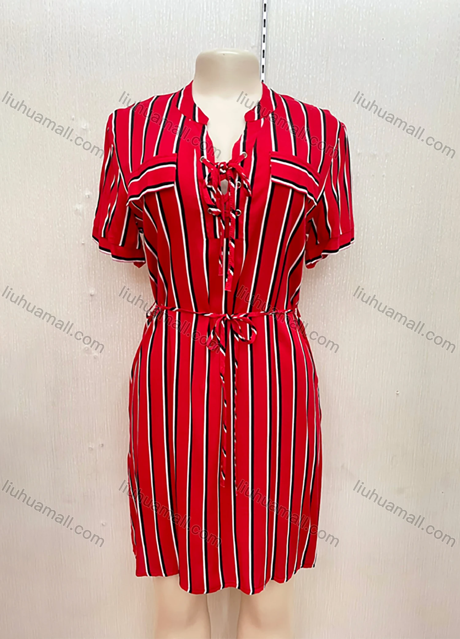 Wholesale Women's Casual Notched-neck Short Sleeve Lace Up Striped Short Dress With Belt - Liuhuamall