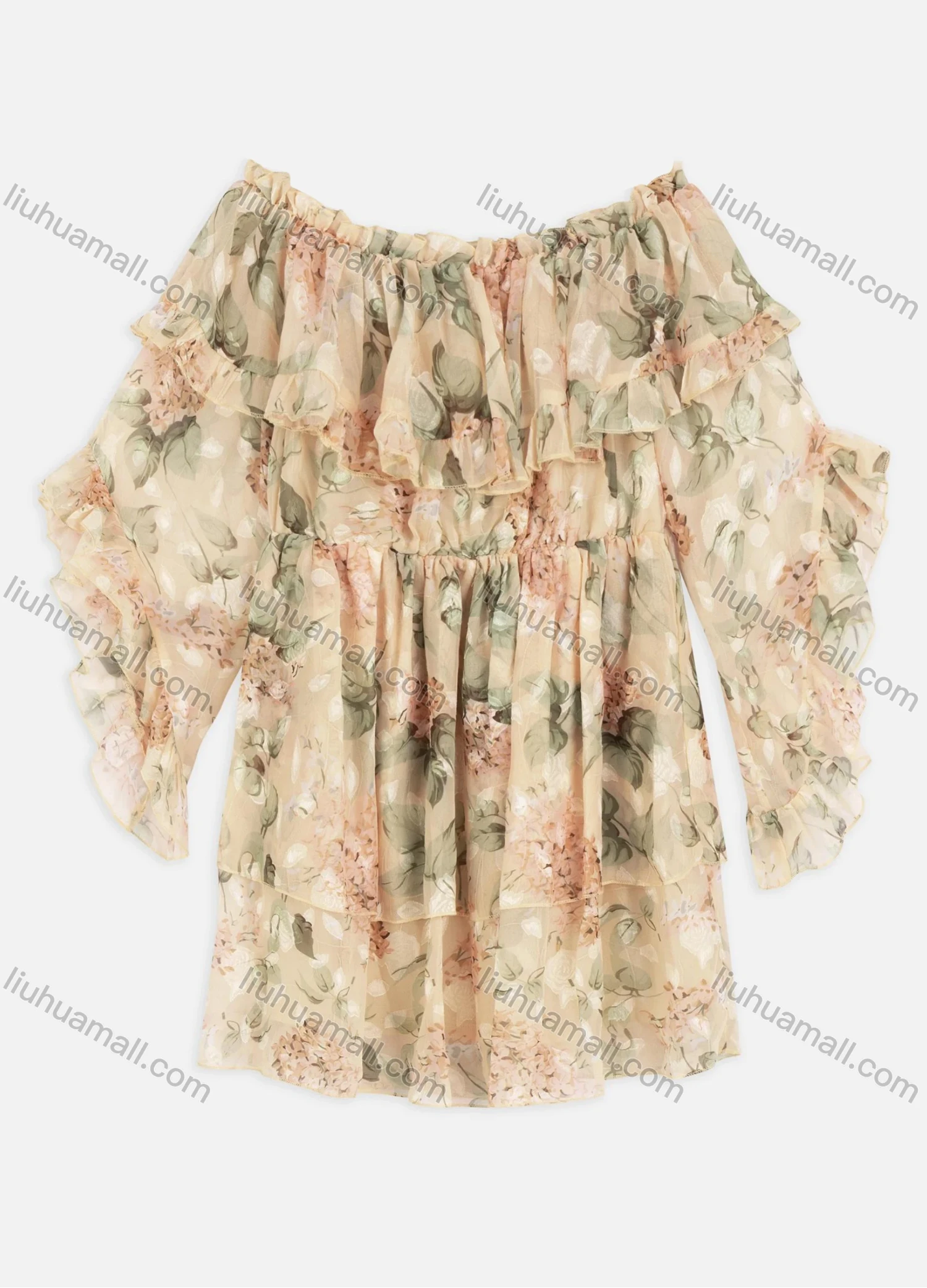 Wholesale Women's Casual Off Shoulder Floral Print Layered Ruffle Trim Chiffon Short Dress - Liuhuamall