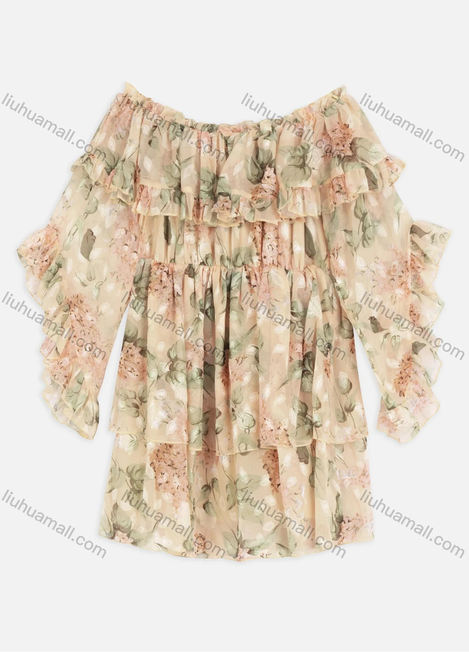 Wholesale Women's Casual Off Shoulder Floral Print Layered Ruffle Trim Chiffon Short Dress - Liuhuamall