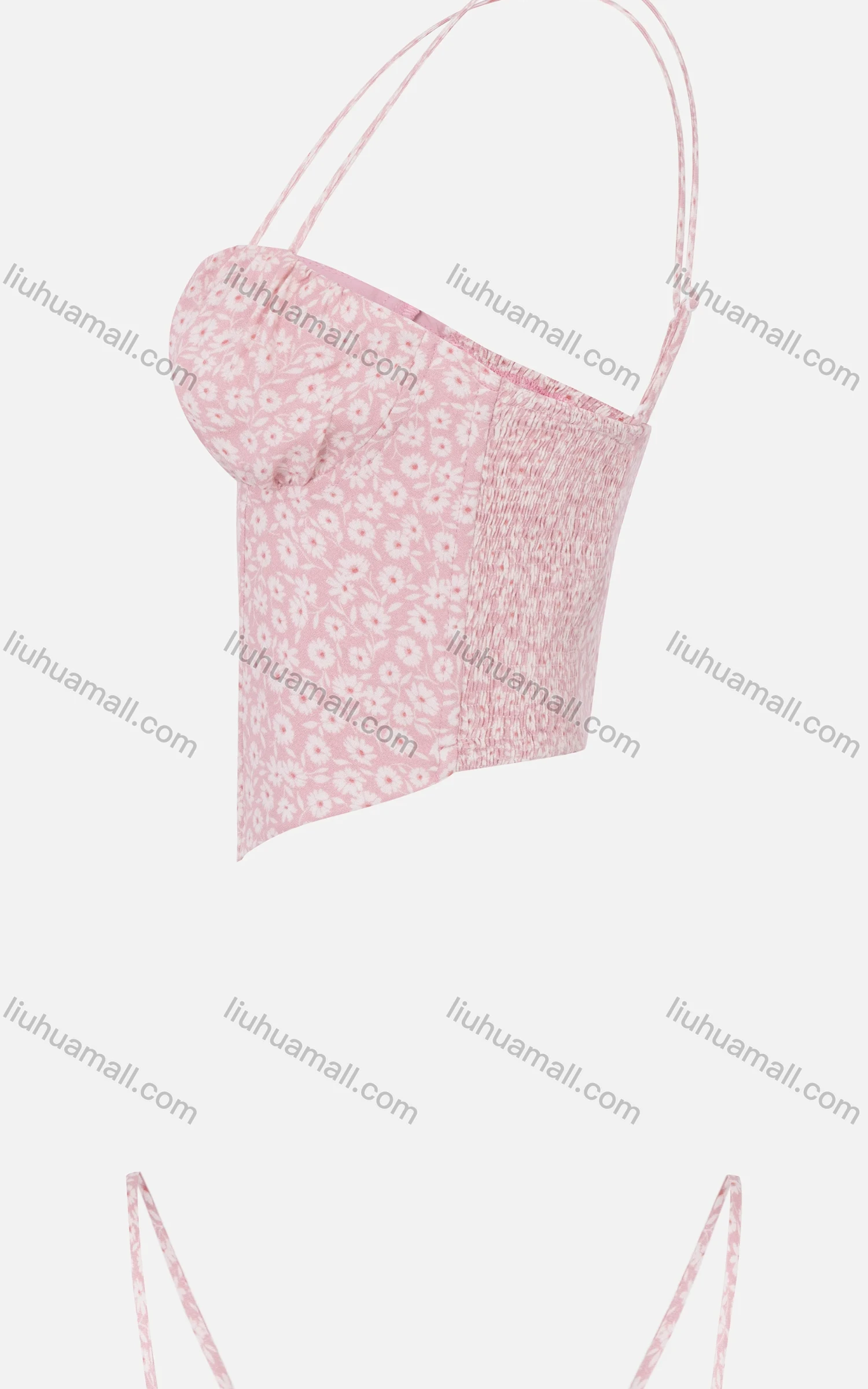 Wholesale Women's Casual Spaghetti Strap Floral Print Shirred Side Ruched Bandana Hem Cami Tops - Liuhuamall