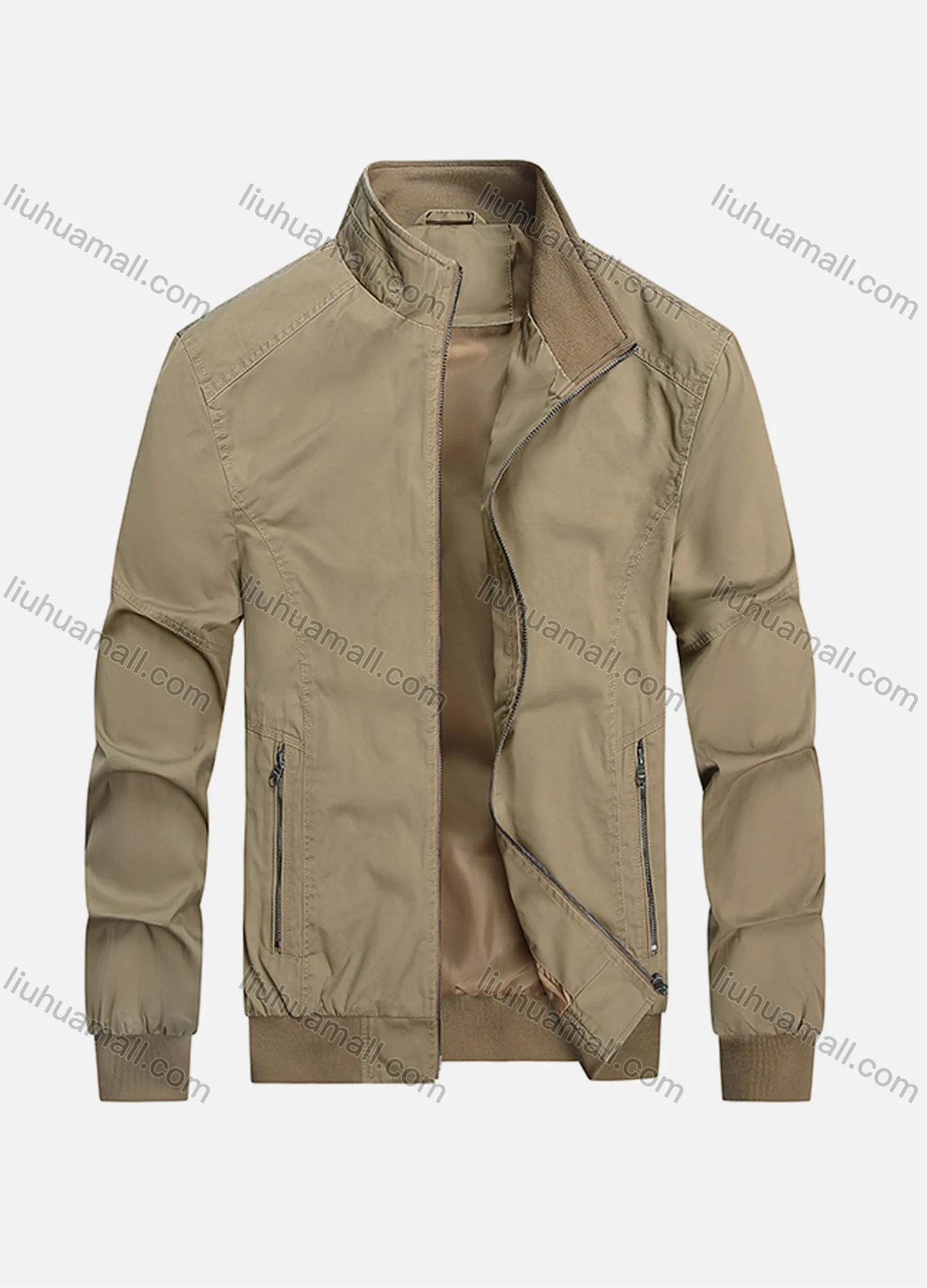 Wholesale Men's Oversized Suede Stand Collar Zip Pockets Plain Casual Bomber Jacket A72511# - Liuhuamall