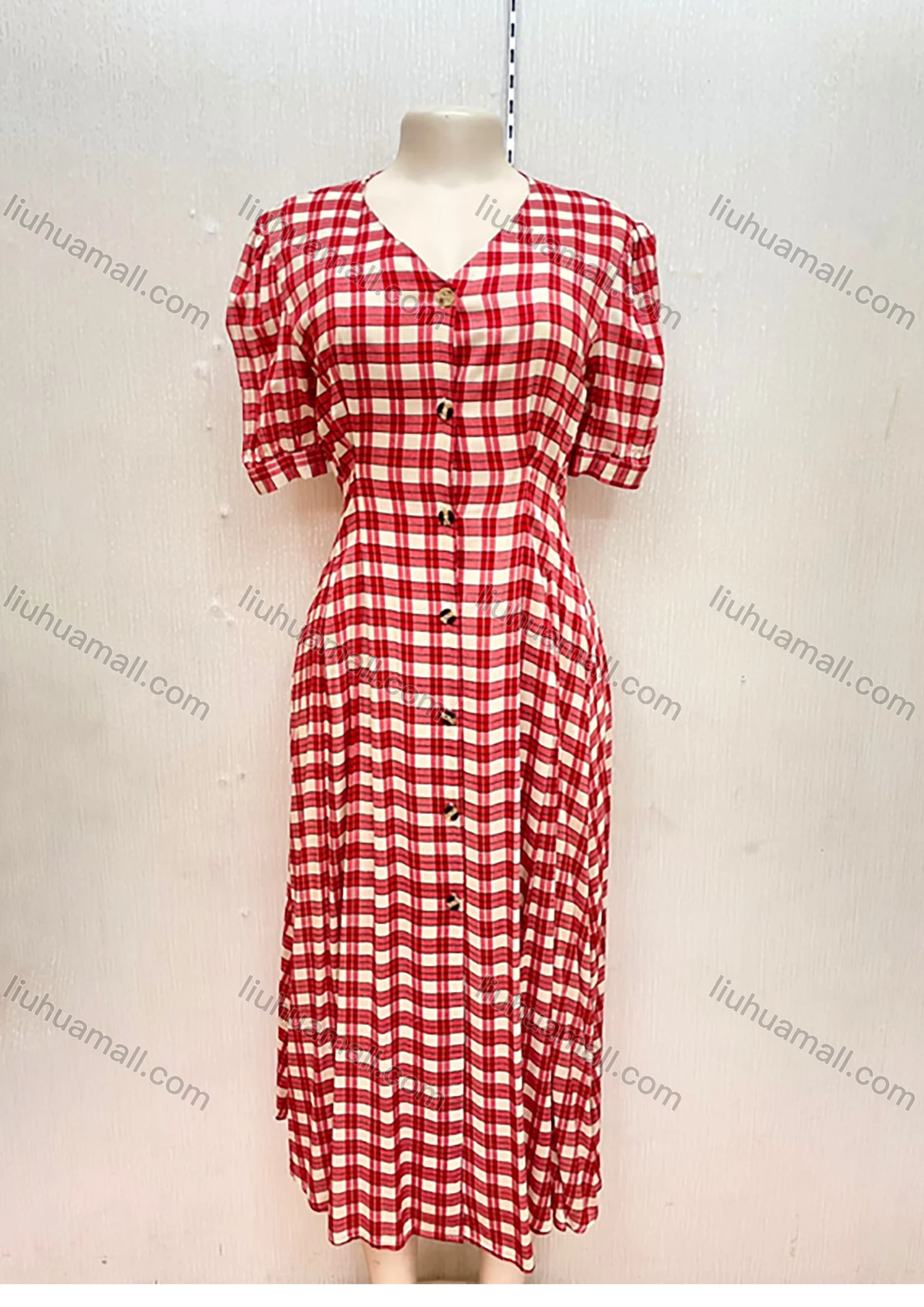 Wholesale Women's Casual V Neck Short Sleeve Buttons Down Gingham Print Midi Shirt Dress - Liuhuamall