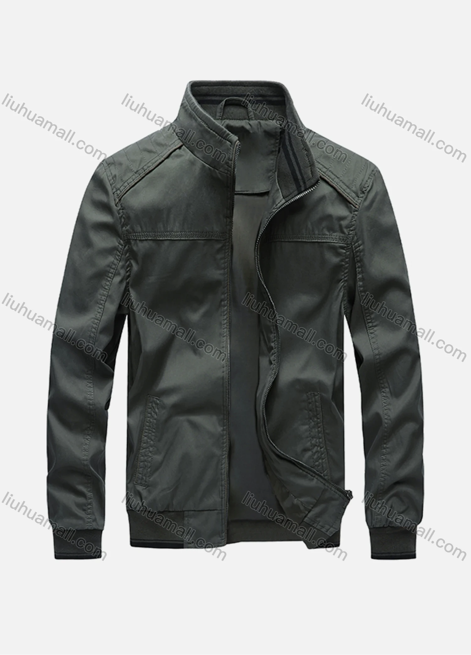 Wholesale Men's Oversized Suede Stand Collar Zip Pockets Plain Casual Bomber Jacket A72507# - Liuhuamall