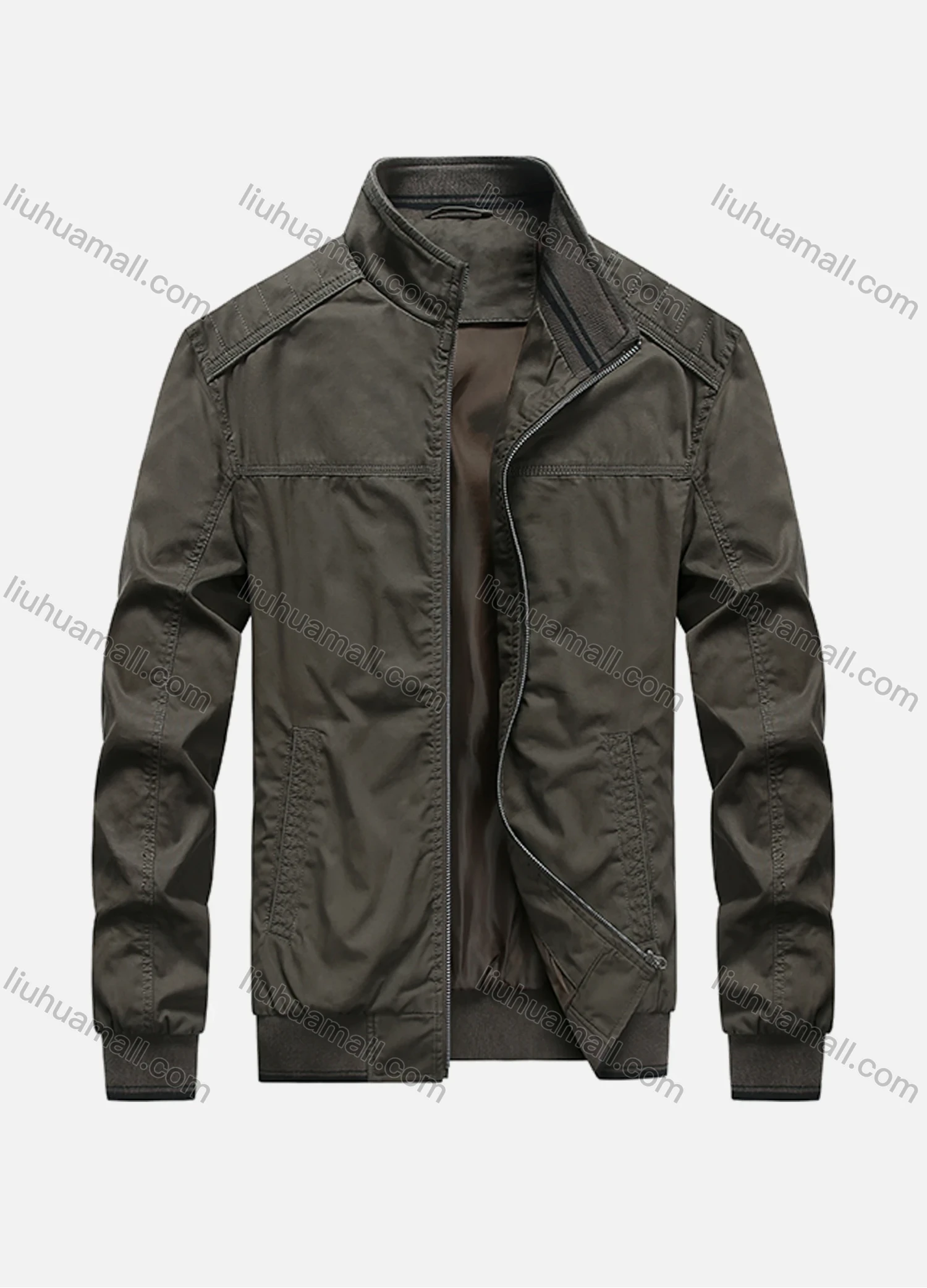 Wholesale Men's Oversized Suede Stand Collar Zip Pockets Plain Casual Bomber Jacket A72507# - Liuhuamall