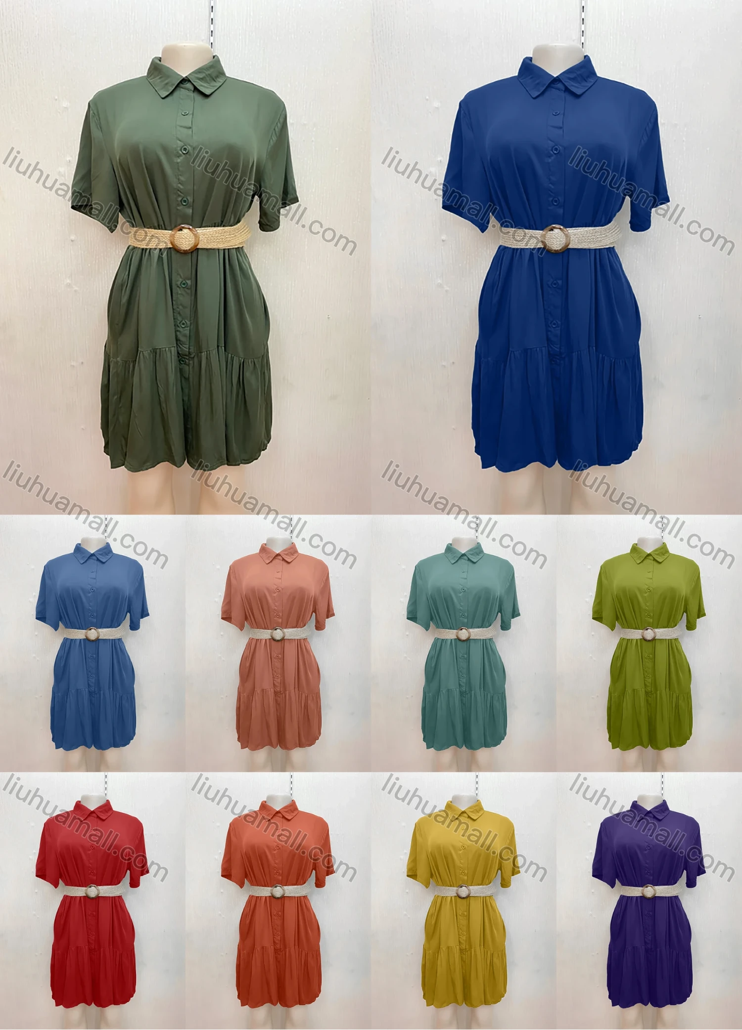Wholesale Women's Casual Shirt Collar Button Down Ruched Short Dress With Belt - Liuhuamall
