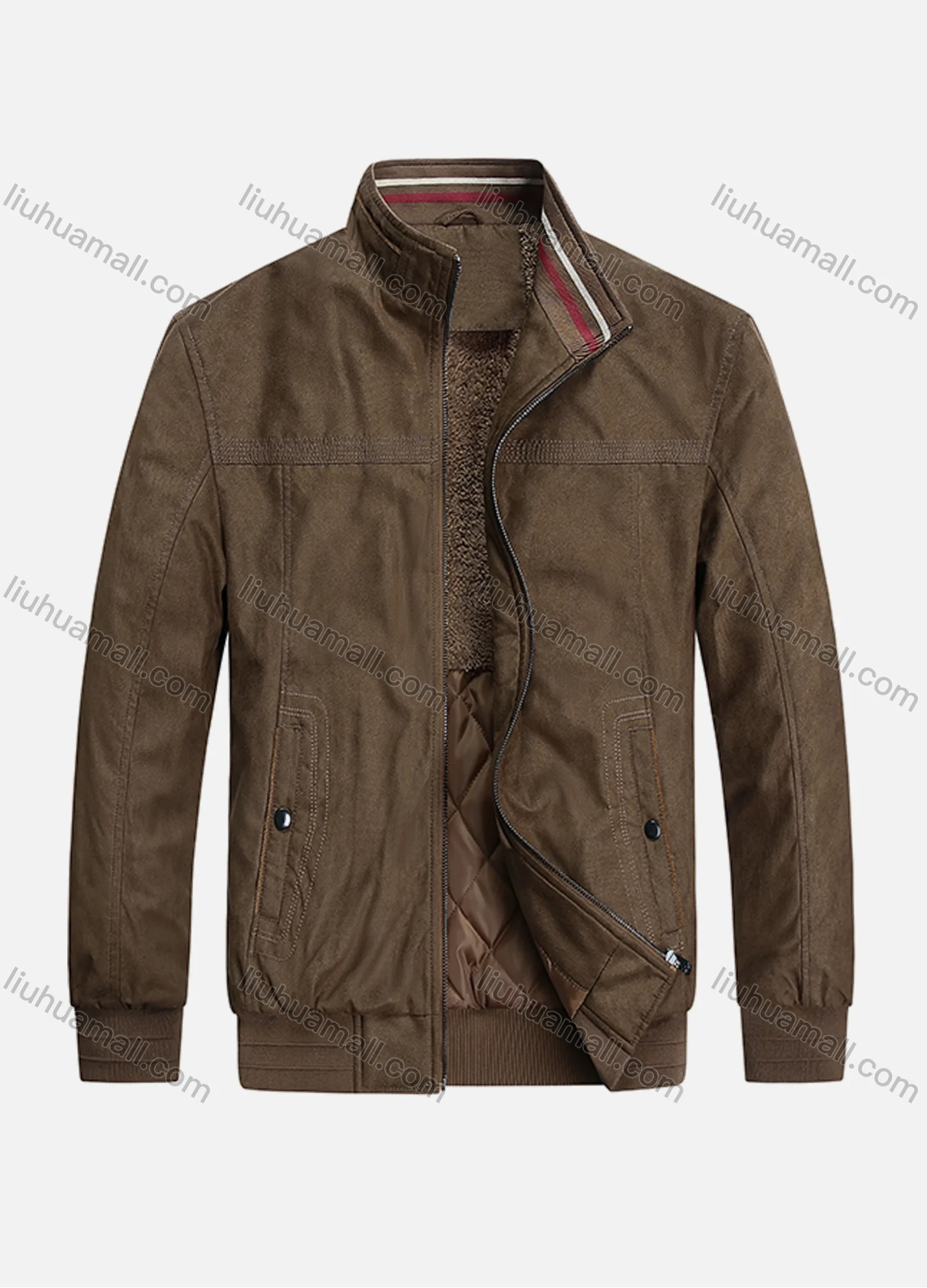 Wholesale Men's Suede Stand Collar Zipper Buttons Pockets Thermal Plain Oversized Bomber Jacket 3353# - Liuhuamall