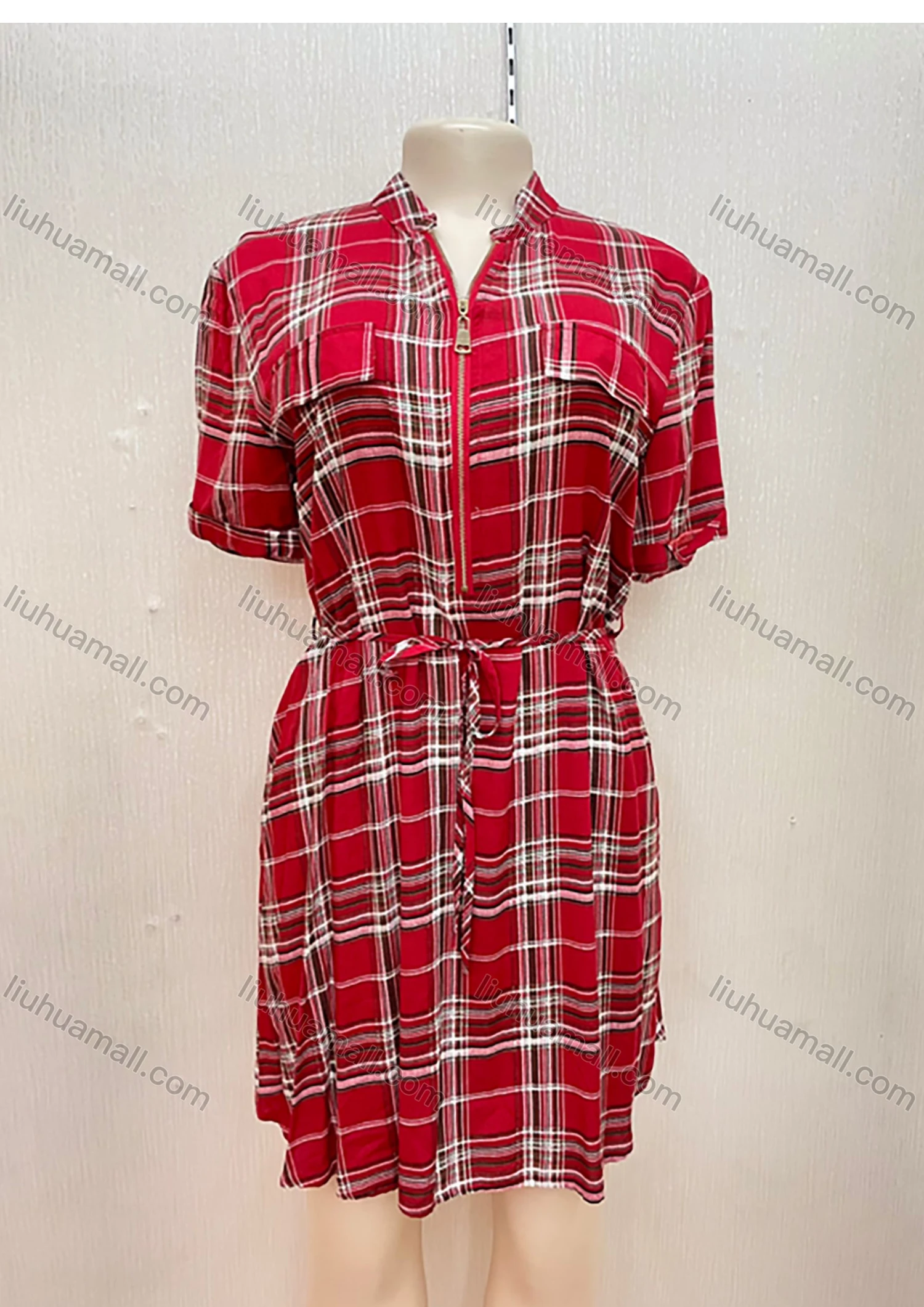 Wholesale Women's Stand Collar Zip Fake Pockets Rolled Sleeve Gingham Short Dress With Belt - Liuhuamall