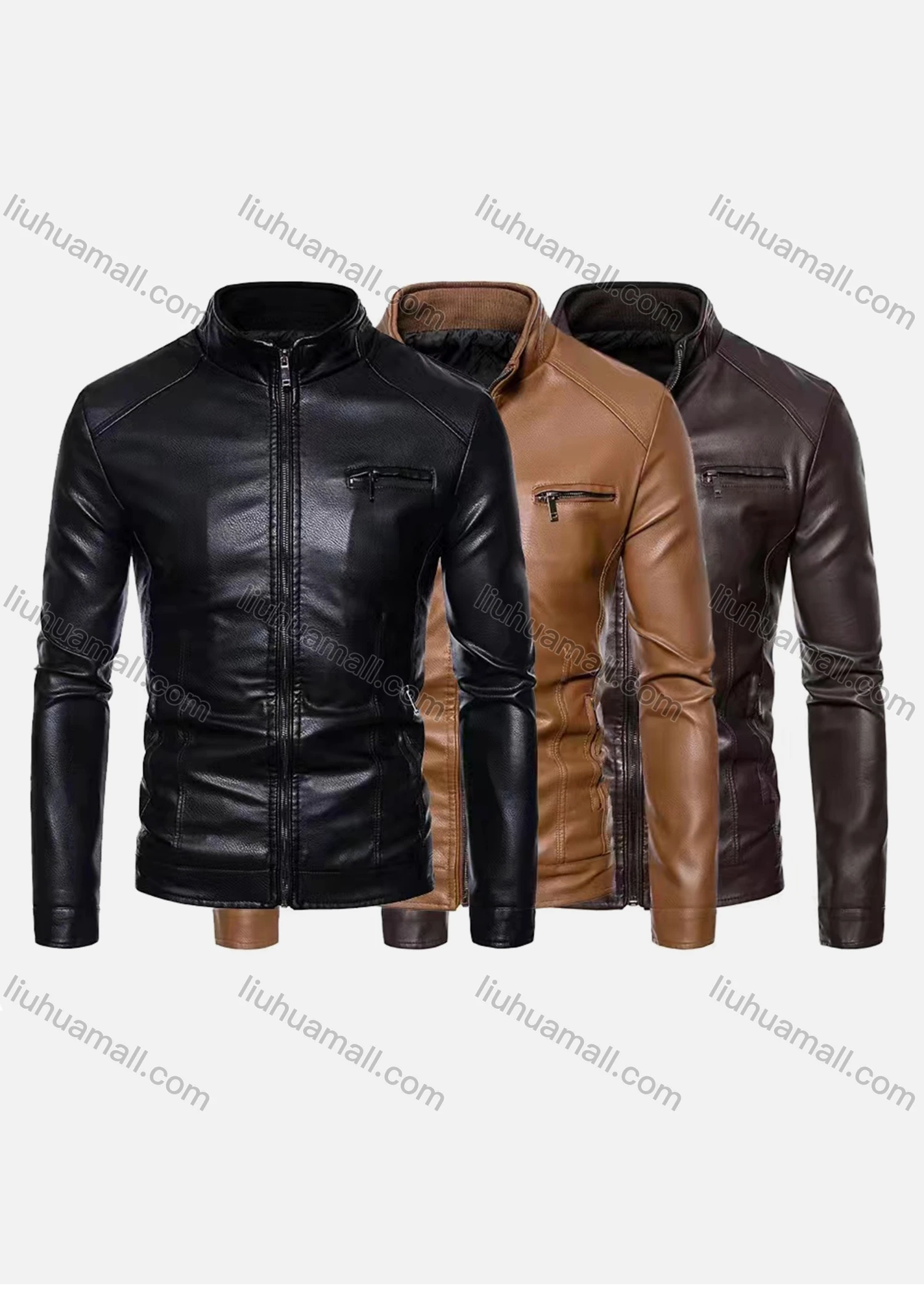 Wholesale Men's Slim Fit Stand Collar Zipper Pockets Plain Leather Jacket 616# - Liuhuamall
