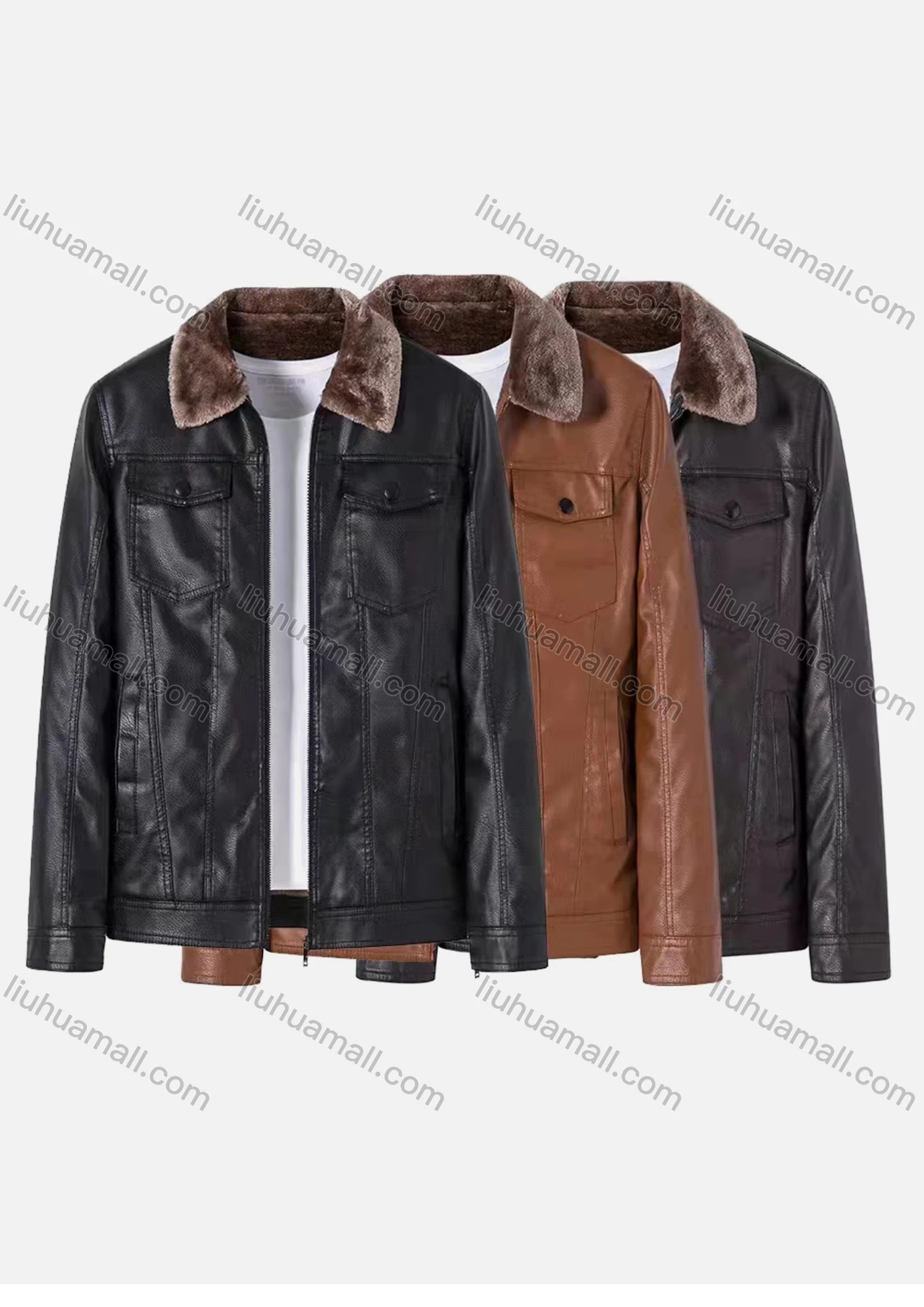 Wholesale Men's Fuzy Collar Flap Pockets Thermal Plain Leather Jacket 2262# - Liuhuamall