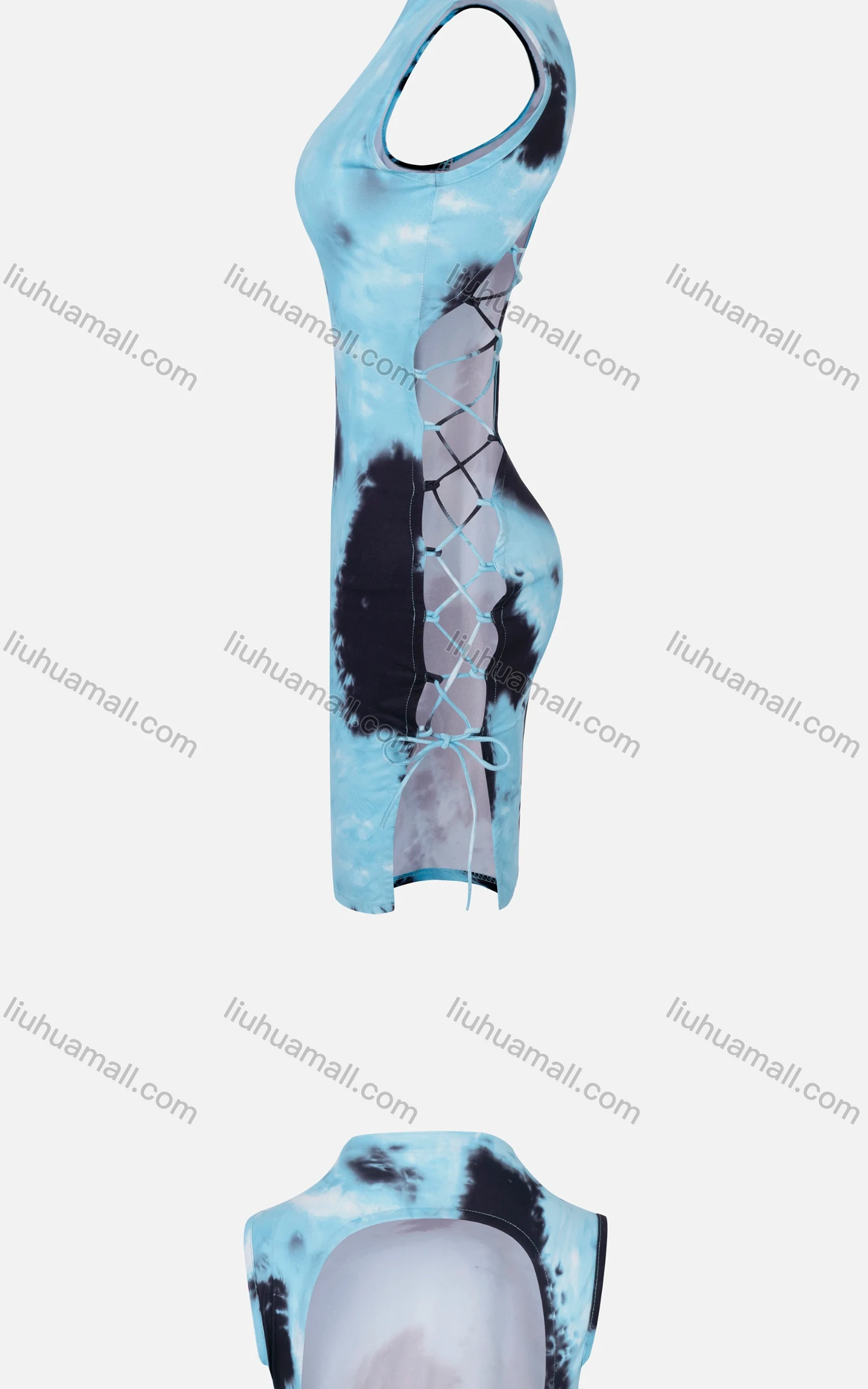 Wholesale Women's Sexy Mock Neck Sleeveless Tie Dye Lace Up Side Cutout Back Bodycon Dress - Liuhuamall