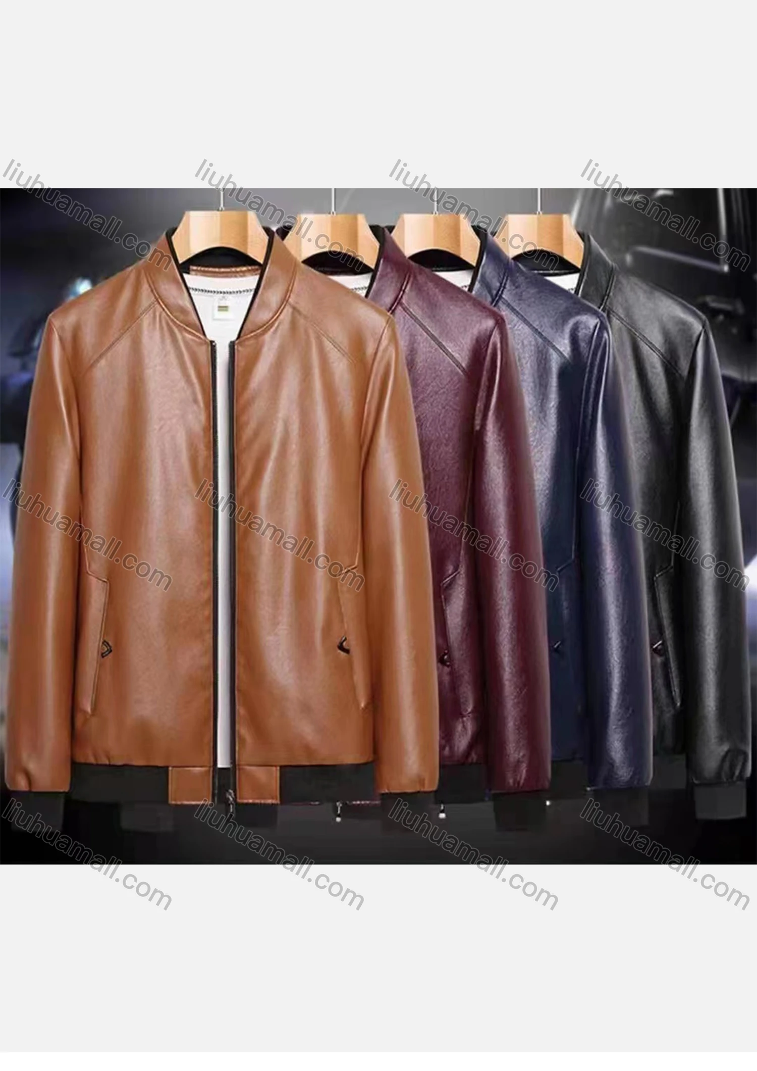 Wholesale Men's Stand Collar Zipper Plain Leather Jacket 9997# - Liuhuamall