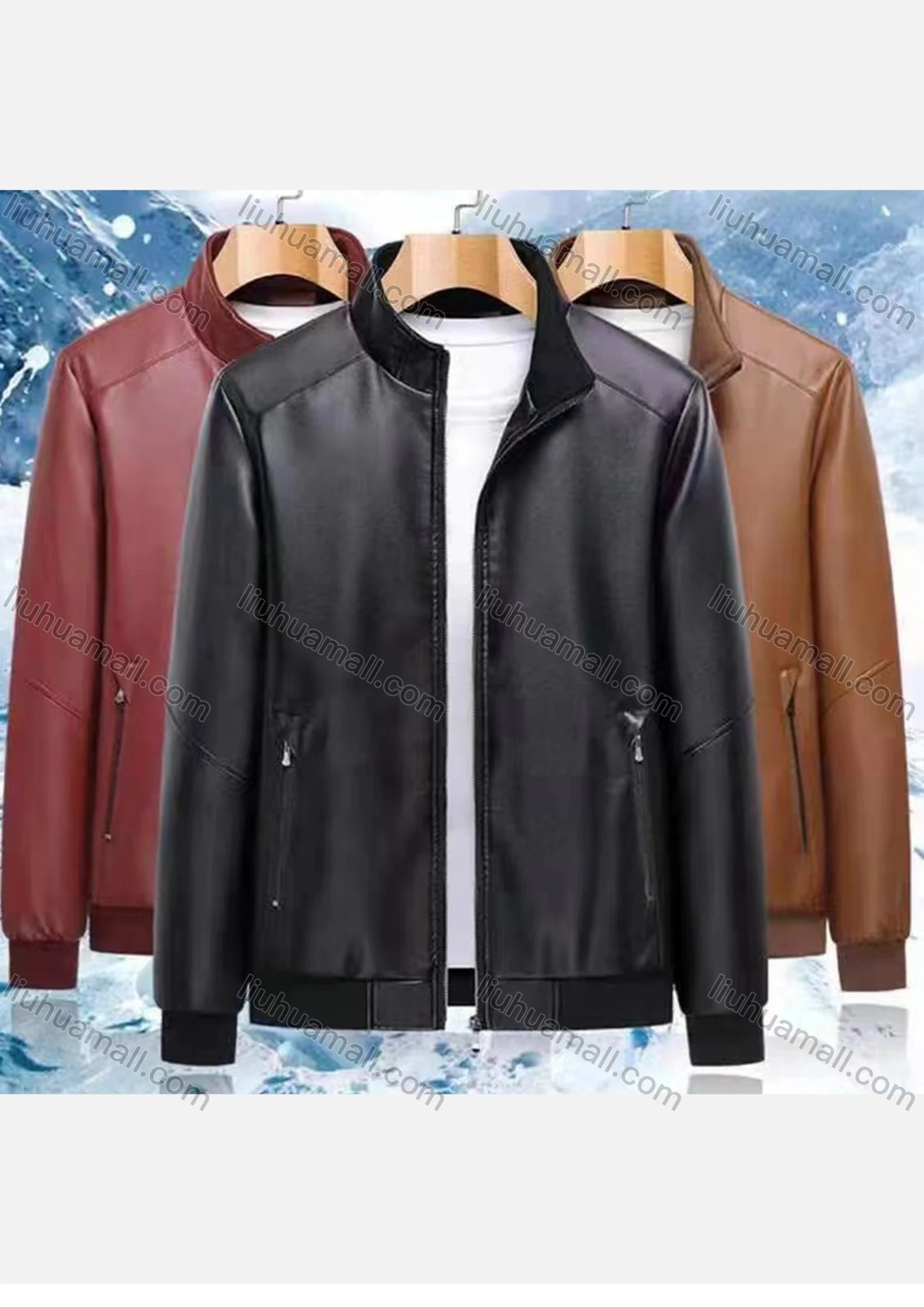 Wholesale Men's Stand Collar Zipper Pockets Plan Oversize Leather Jacket 9995# - Liuhuamall