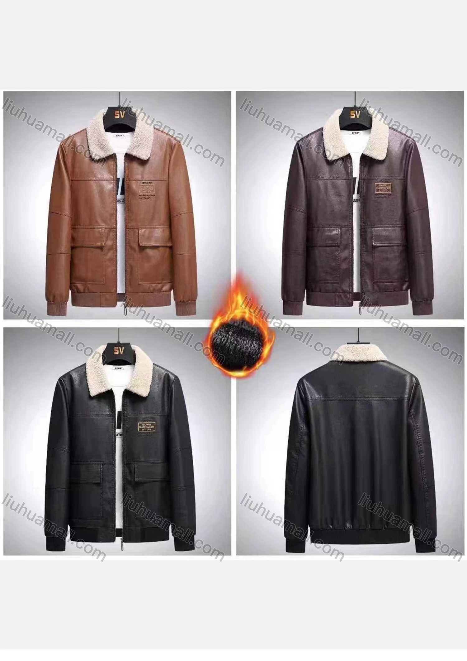Wholesale Men's Fuzy Collar Flap Pockets Thermal Oversize Leather Jacket 9993# - Liuhuamall