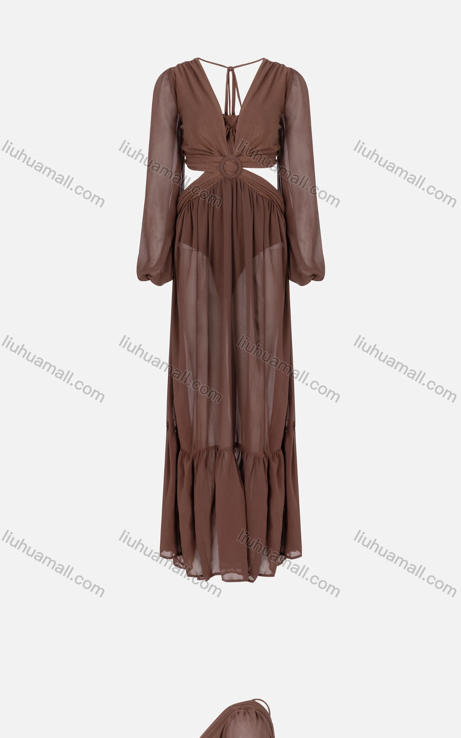 Wholesale Women's Chiffon Flowy O-Ring Cutout Tie Back Ruched Ruffle Hem See Through Cover Up Dress - Liuhuamall