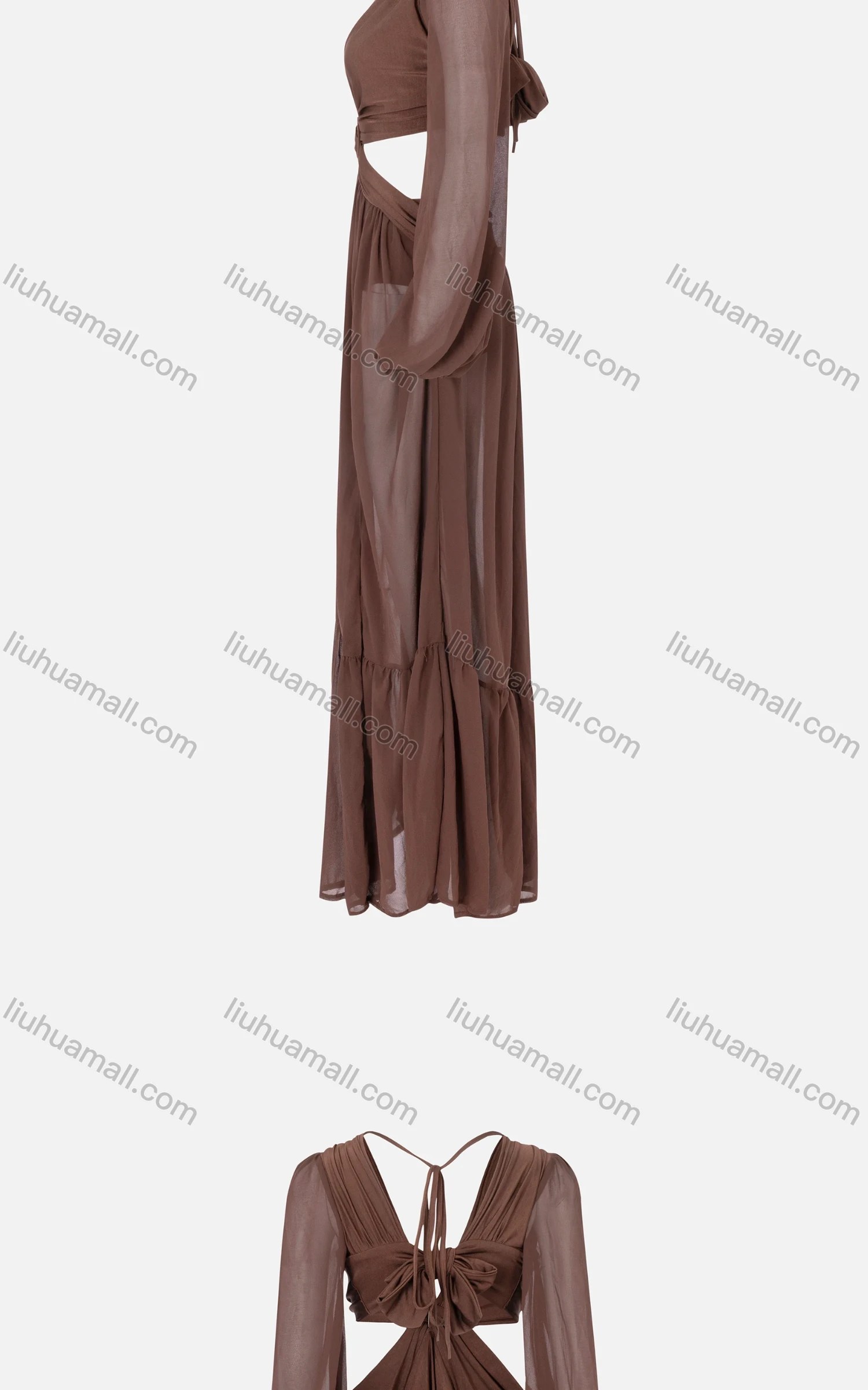 Wholesale Women's Chiffon Flowy O-Ring Cutout Tie Back Ruched Ruffle Hem See Through Cover Up Dress - Liuhuamall