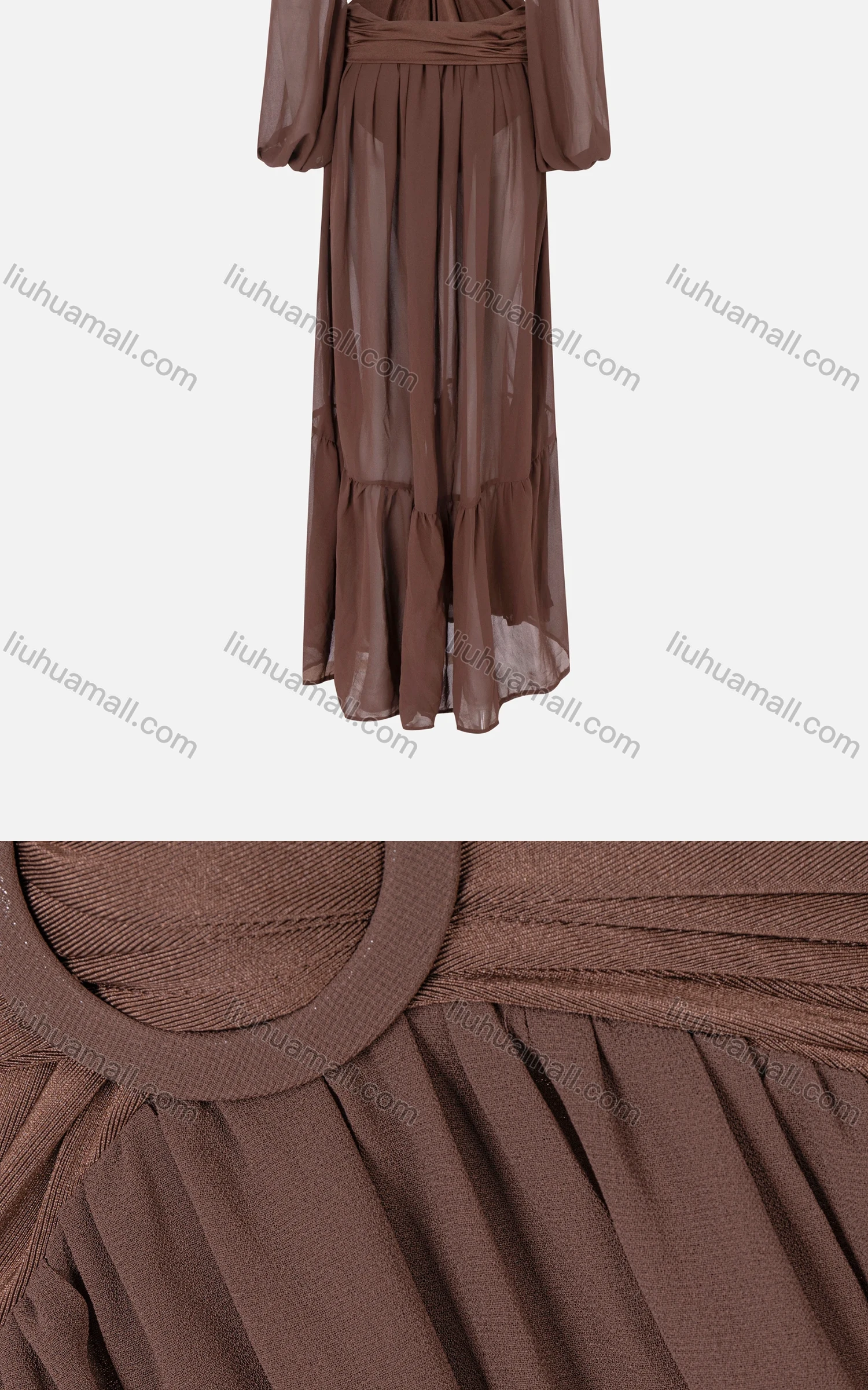 Wholesale Women's Chiffon Flowy O-Ring Cutout Tie Back Ruched Ruffle Hem See Through Cover Up Dress - Liuhuamall