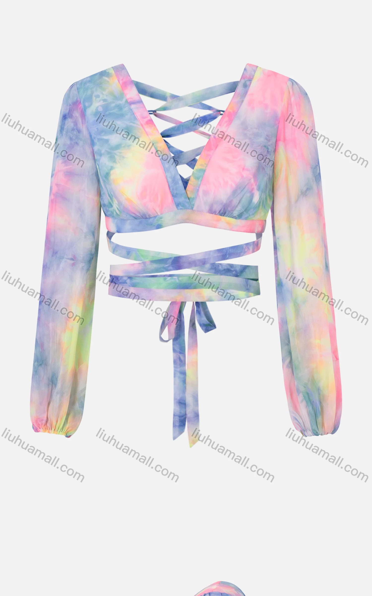 Wholesale Women's Sexy Plunge Neck Long Sleeve Tie Dye Cutout Lace Up Back Crop Tops - Liuhuamall