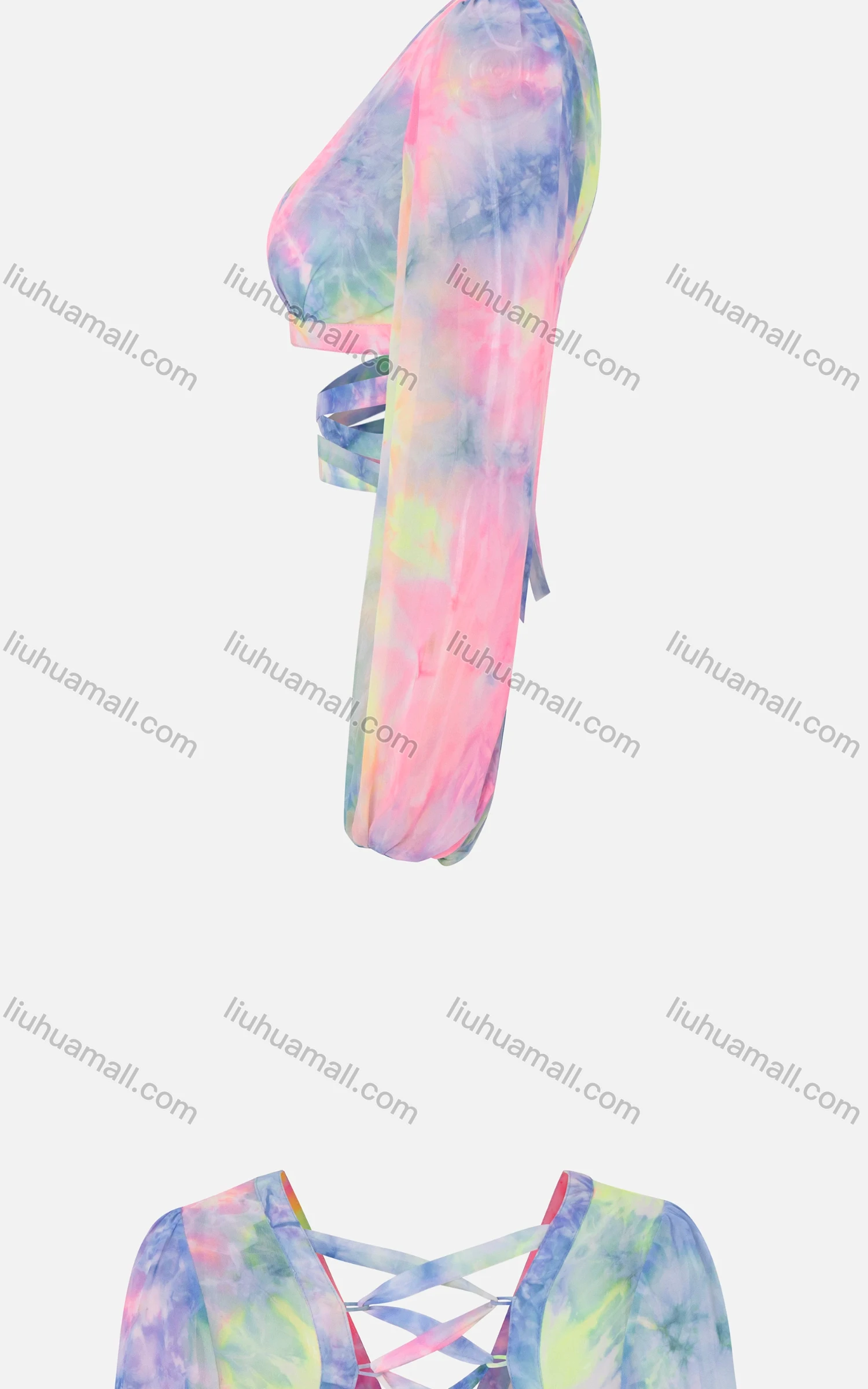 Wholesale Women's Sexy Plunge Neck Long Sleeve Tie Dye Cutout Lace Up Back Crop Tops - Liuhuamall