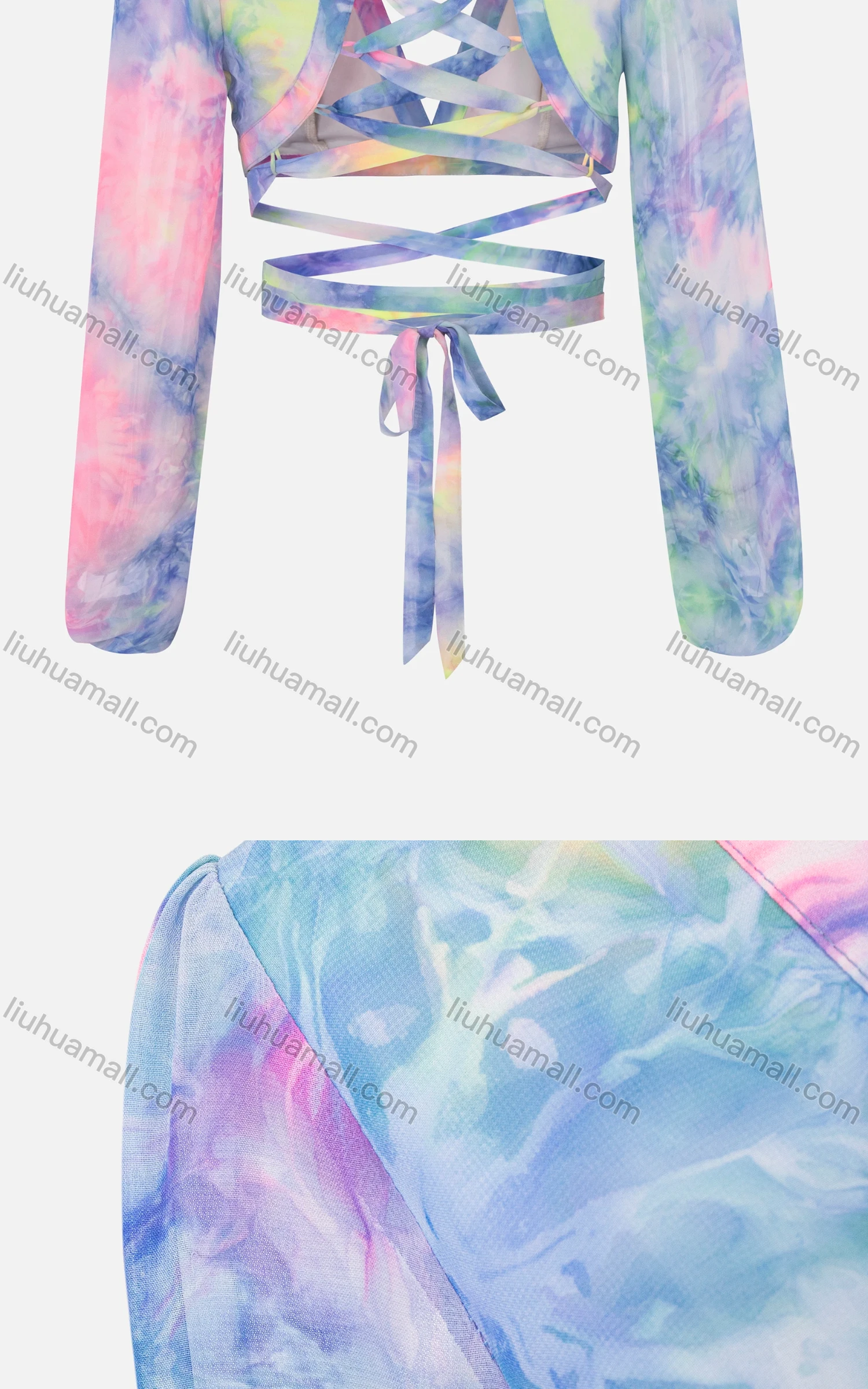 Wholesale Women's Sexy Plunge Neck Long Sleeve Tie Dye Cutout Lace Up Back Crop Tops - Liuhuamall