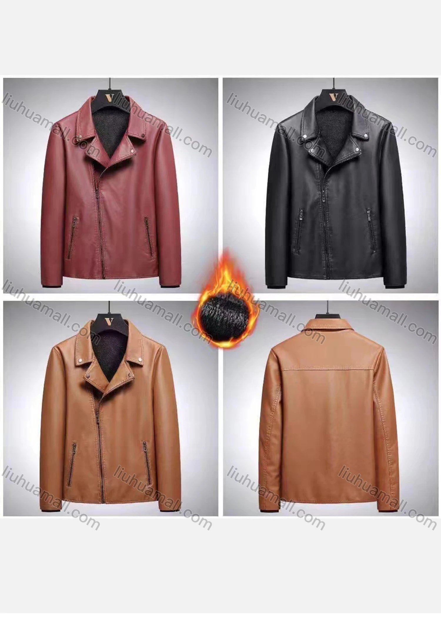 Wholesale Men's Lapel Notched Collar Zipper Pockets Thermal Plain Oversize Leather Biker Jackets 9989# - Liuhuamall
