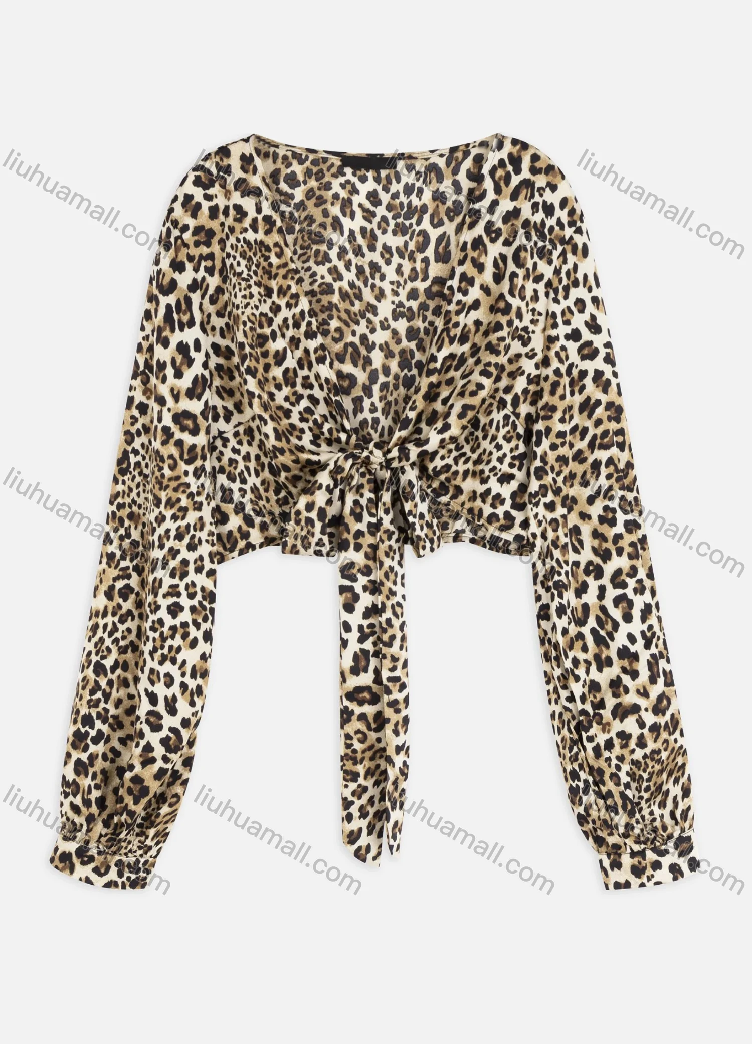 Wholesale Women's Sexy Deep V Neck Long Sleeve Leopard Tie Front Crop Tops - Liuhuamall