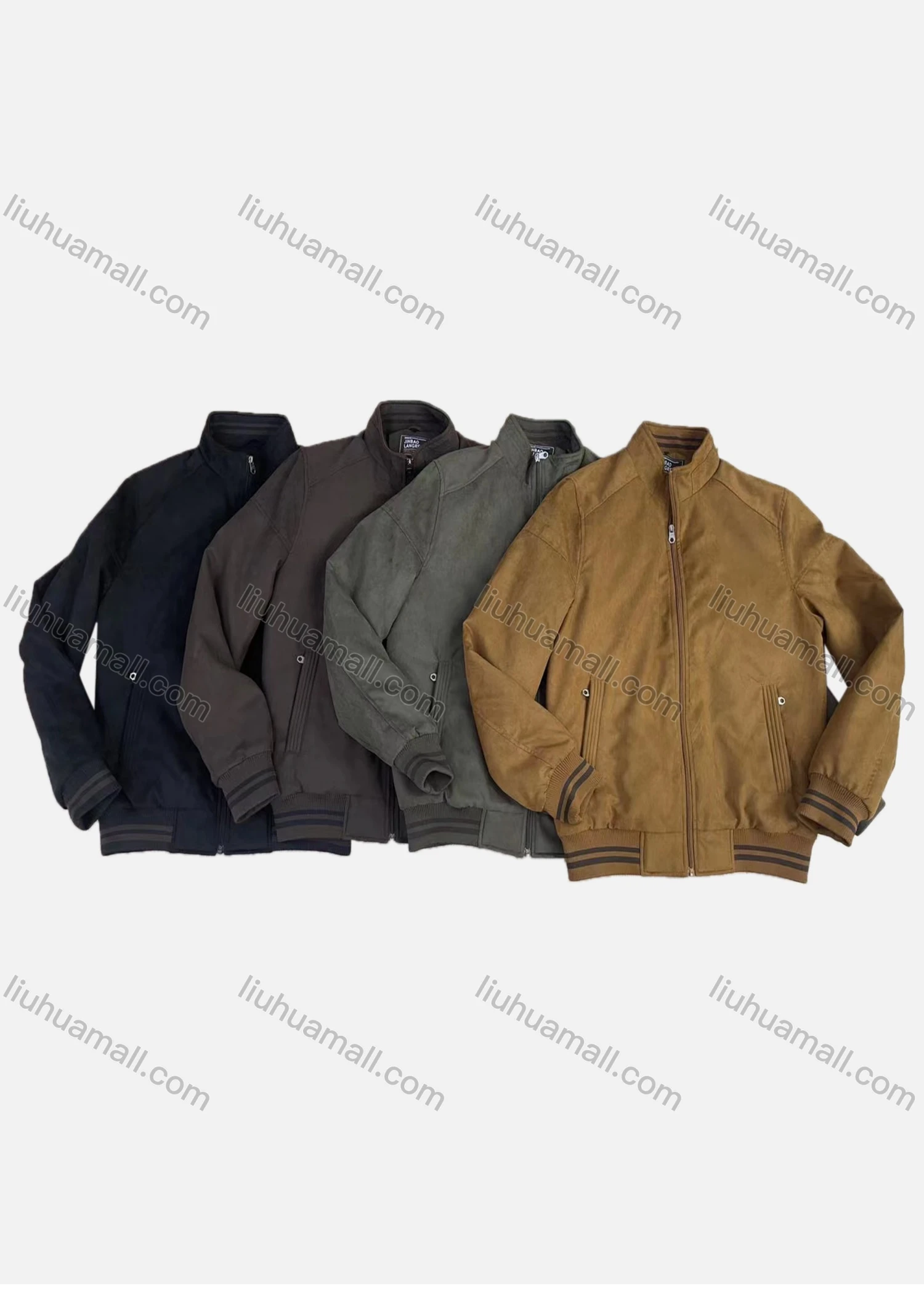 Wholesale Men's Suede Stand Collar Zipper Pockets Plain Oversize Jacket 5801# - Liuhuamall