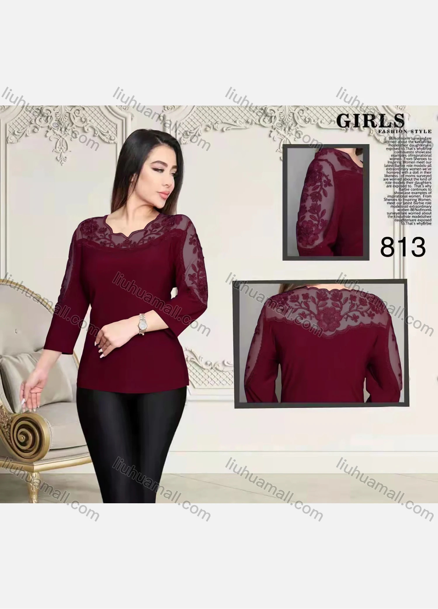 Wholesale Women's Plus Size Elegant Sheer Embroidery Plain 3/4 Sleeve Blouse FA813# - Liuhuamall