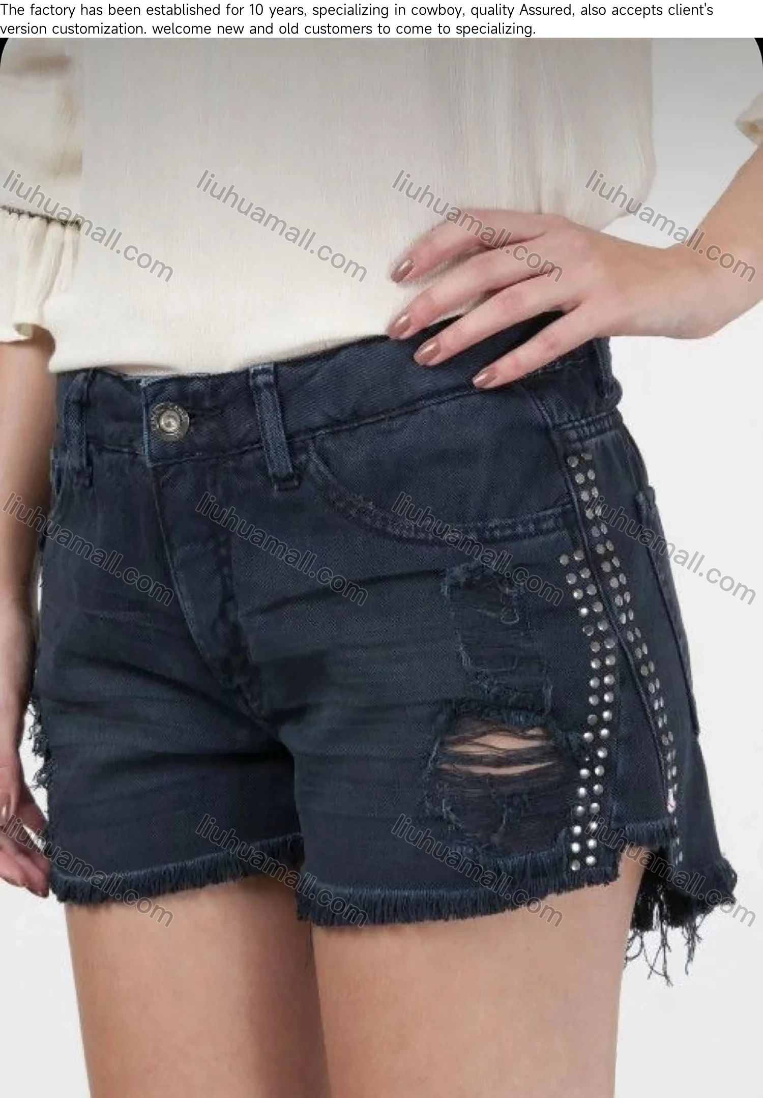 Wholesale Women's Casual Plain Rhinestone Frayed Raw Ripped Distressed Denim Shorts 765331# - Liuhuamall