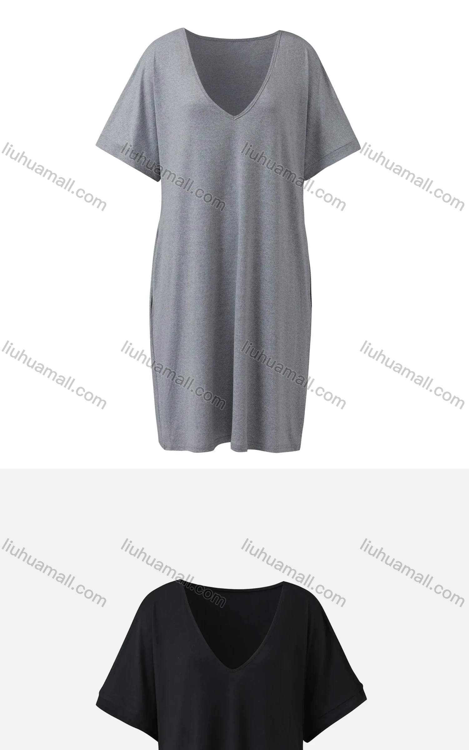 Wholesale Women's Casual Plain V Neck Short Sleeve Pockets Oversized Midi Dress - Liuhuamall
