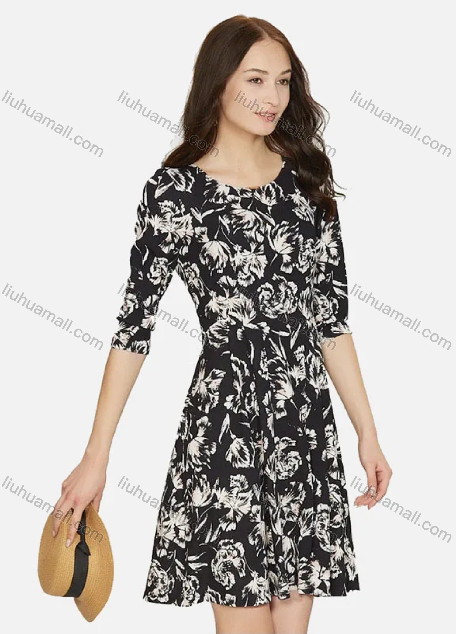 Wholesale Women's Casual Half Sleeve Round Neck Floral Print Short Dress W022# - Liuhuamall