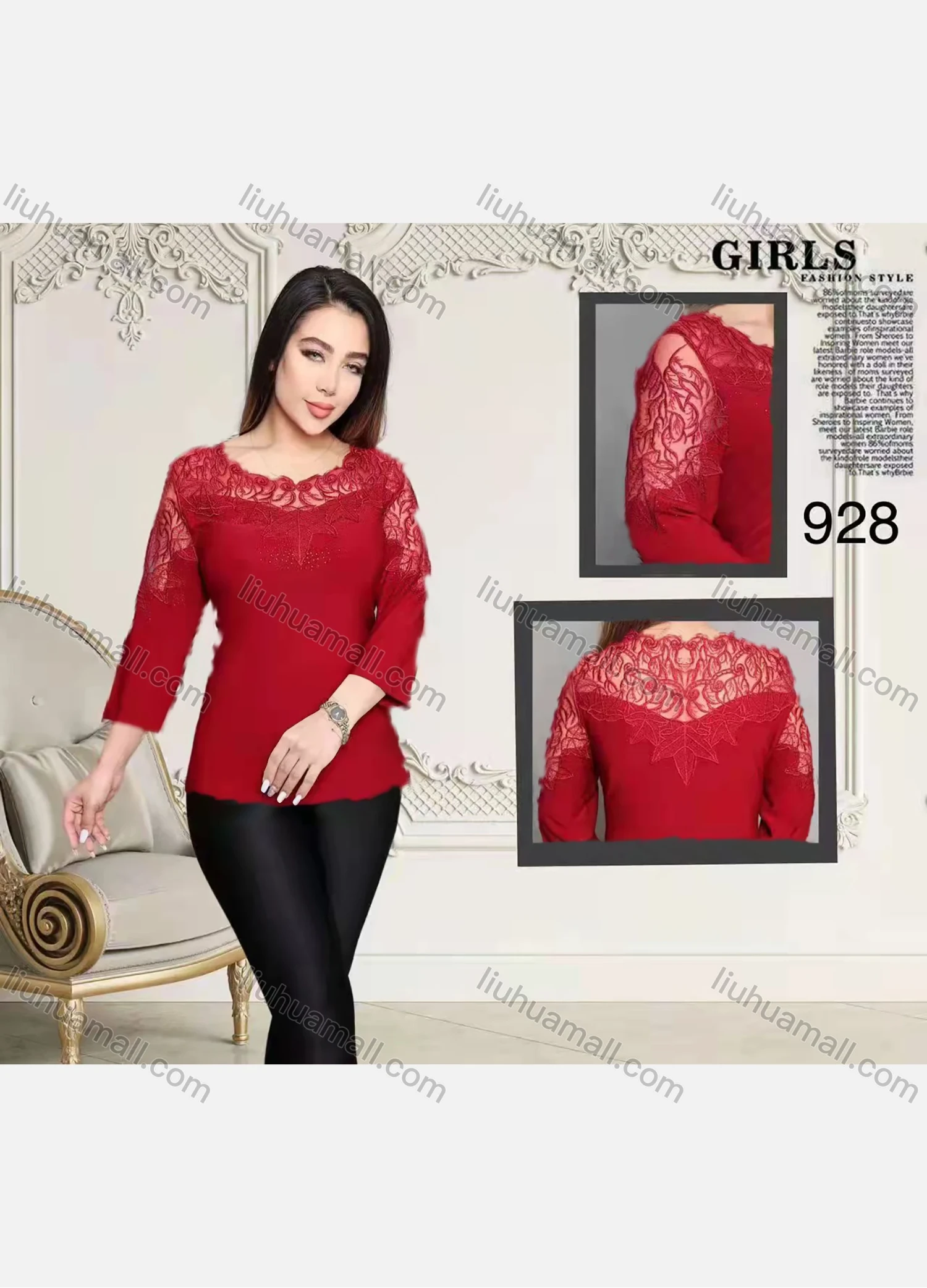 Wholesale Women's Plus Size Elegant Sheer Embroidery Plain 3/4 Sleeve Blouse FA928# - Liuhuamall