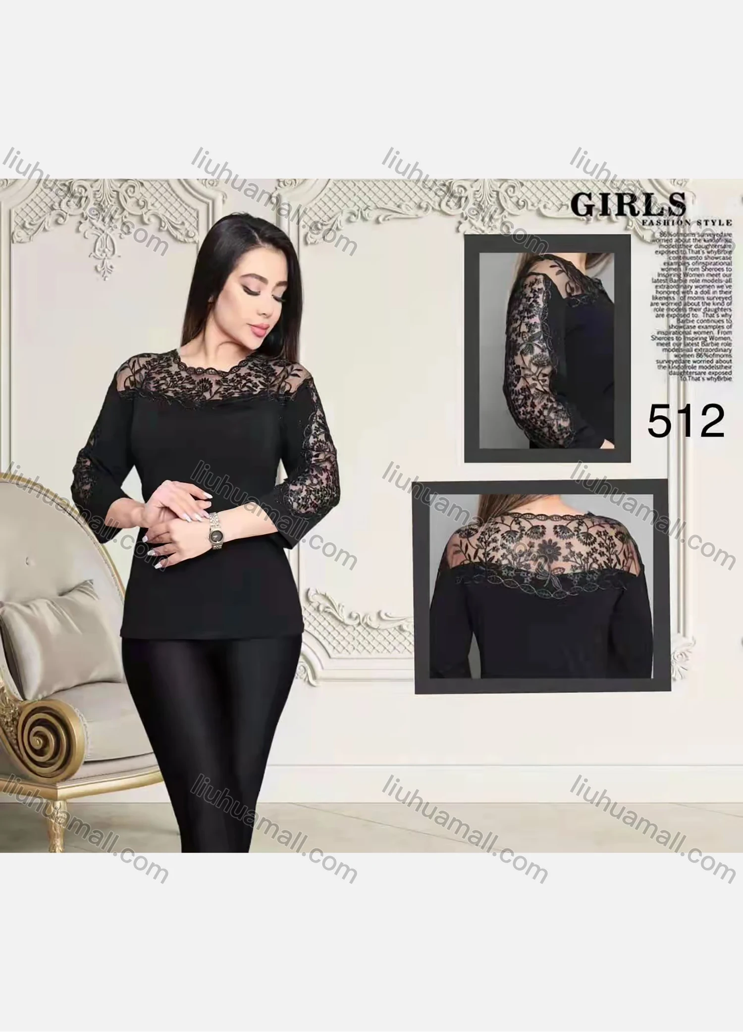 Wholesale Women's Plus Size Elegant Sheer Embroidery Plain 3/4 Sleeve Blouse FA512# - Liuhuamall