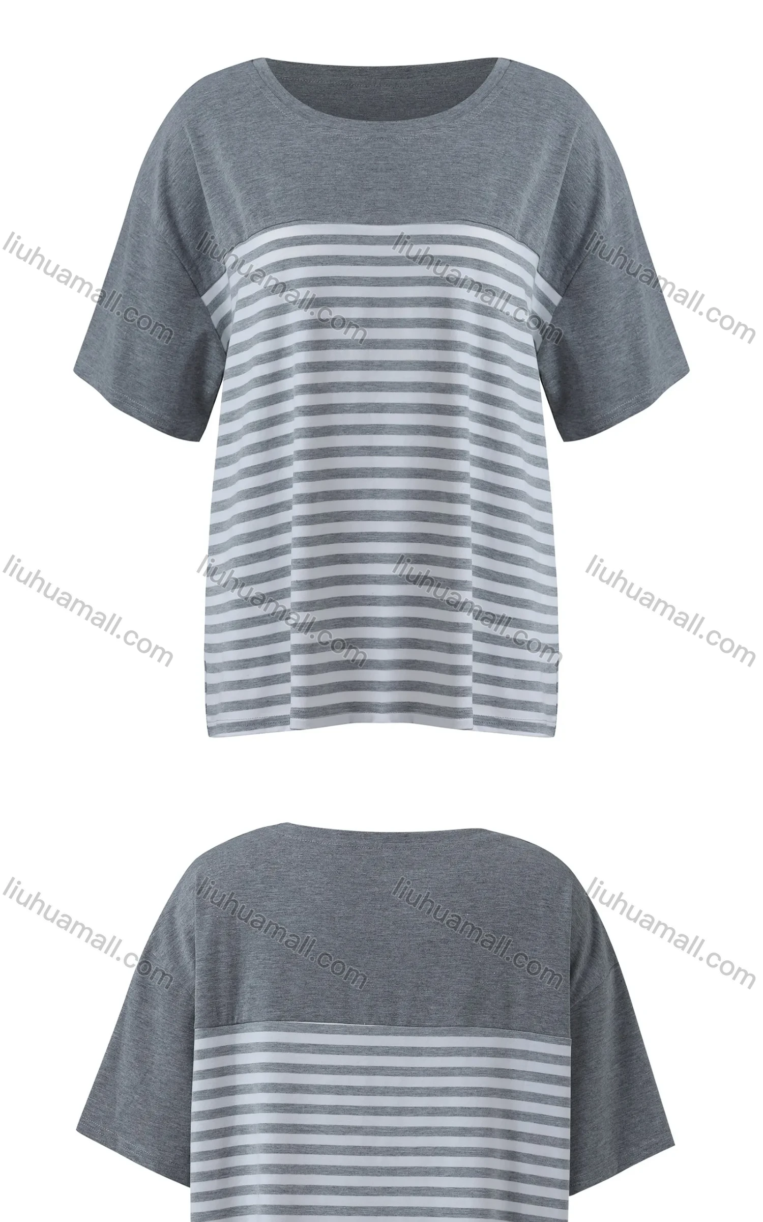 Wholesale Women's Casual Crew Neck Half Sleeve Striped Splicing Colorblock Oversized Blouse - Liuhuamall