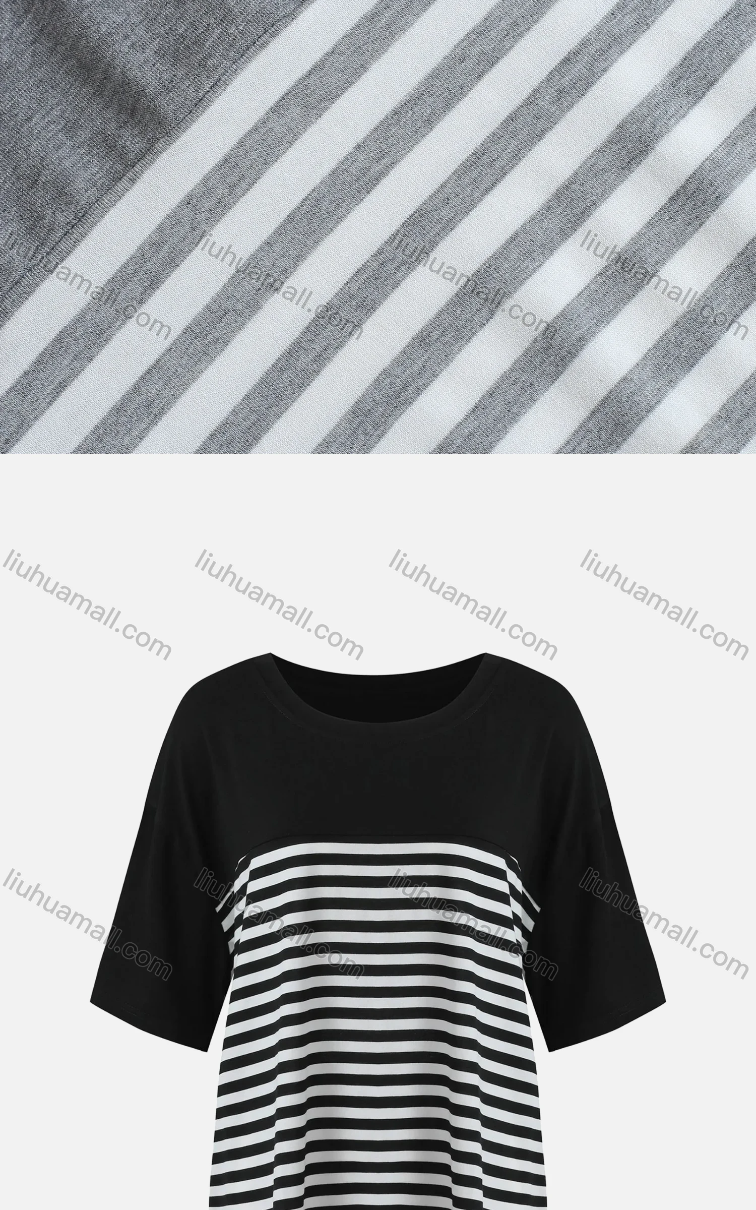 Wholesale Women's Casual Crew Neck Half Sleeve Striped Splicing Colorblock Oversized Blouse - Liuhuamall