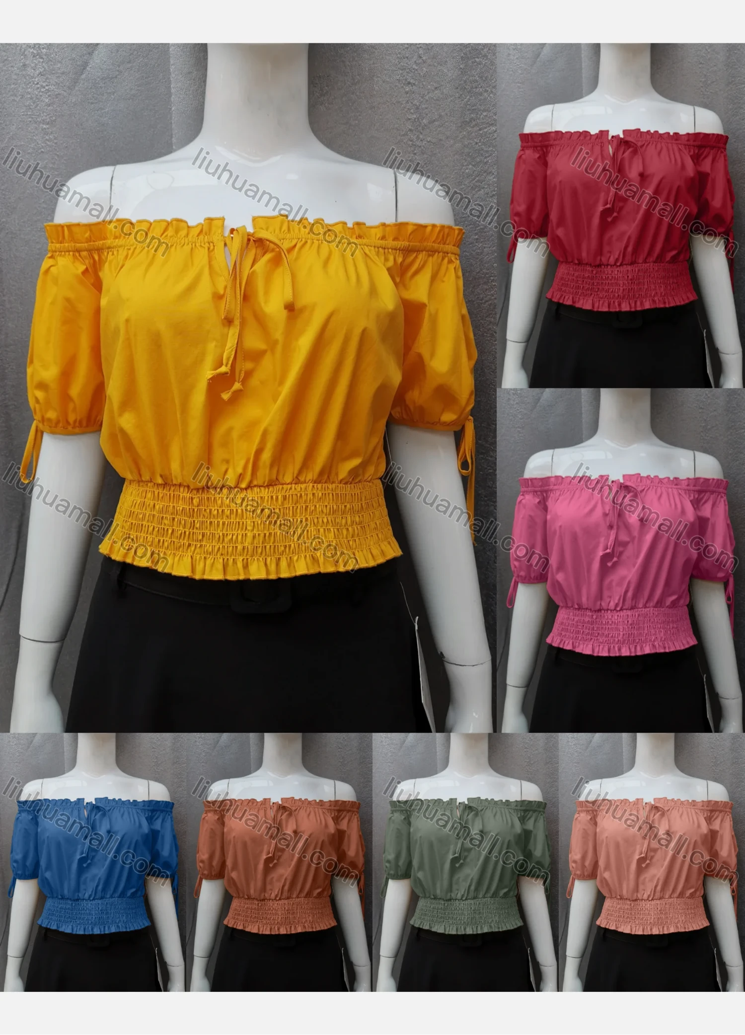 Wholesale Women's Casual Shirred Off Shoulder Ruffle Trim Tie Front Plain Crop Blouse FL2025# - Liuhuamall