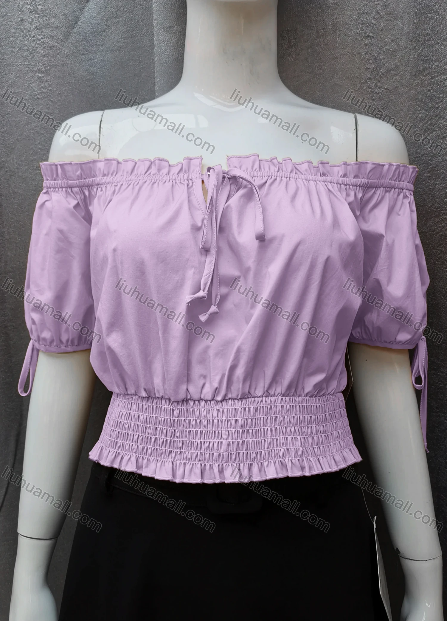 Wholesale Women's Casual Shirred Off Shoulder Ruffle Trim Tie Front Plain Crop Blouse FL2025# - Liuhuamall