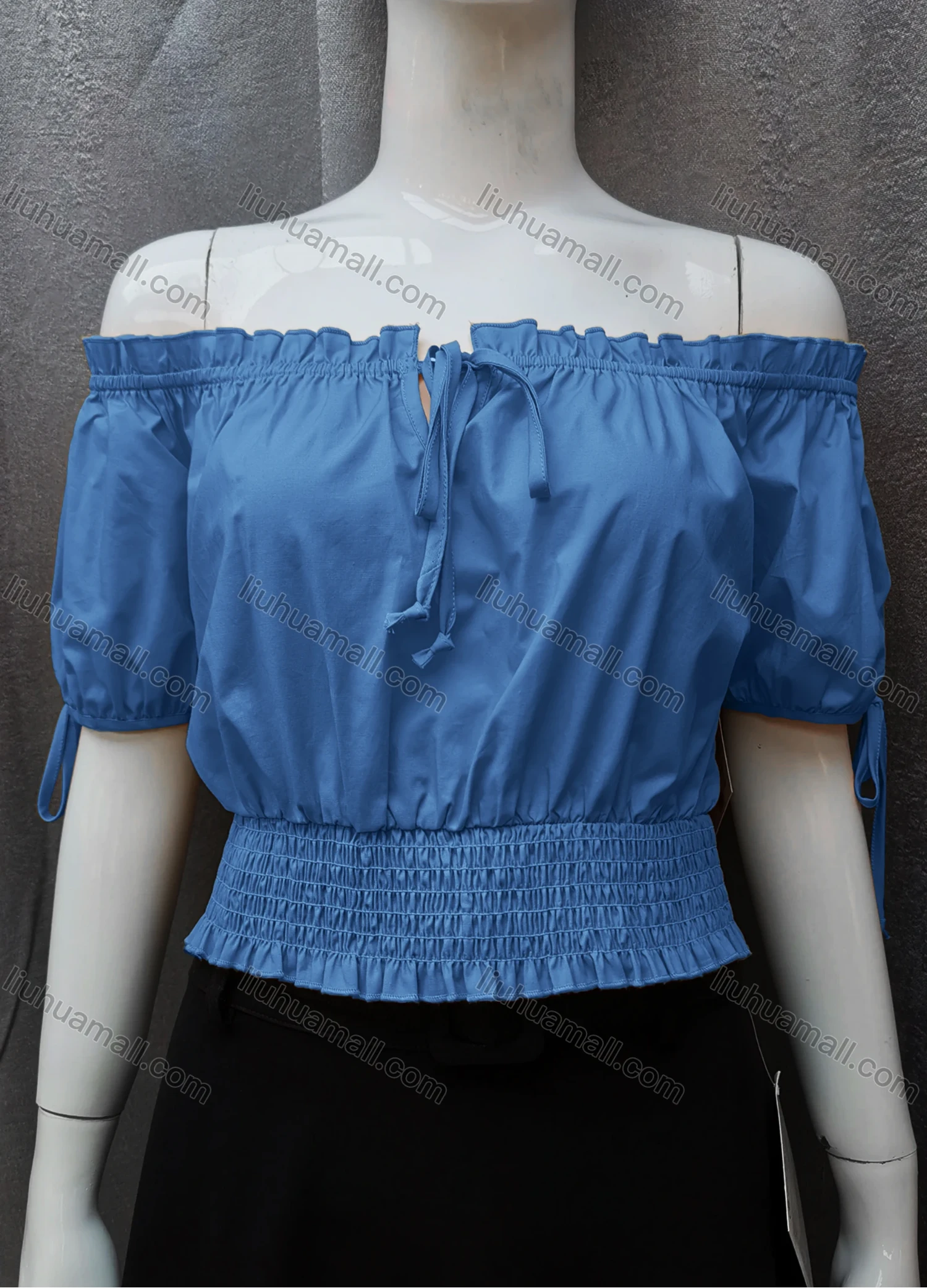 Wholesale Women's Casual Shirred Off Shoulder Ruffle Trim Tie Front Plain Crop Blouse FL2025# - Liuhuamall