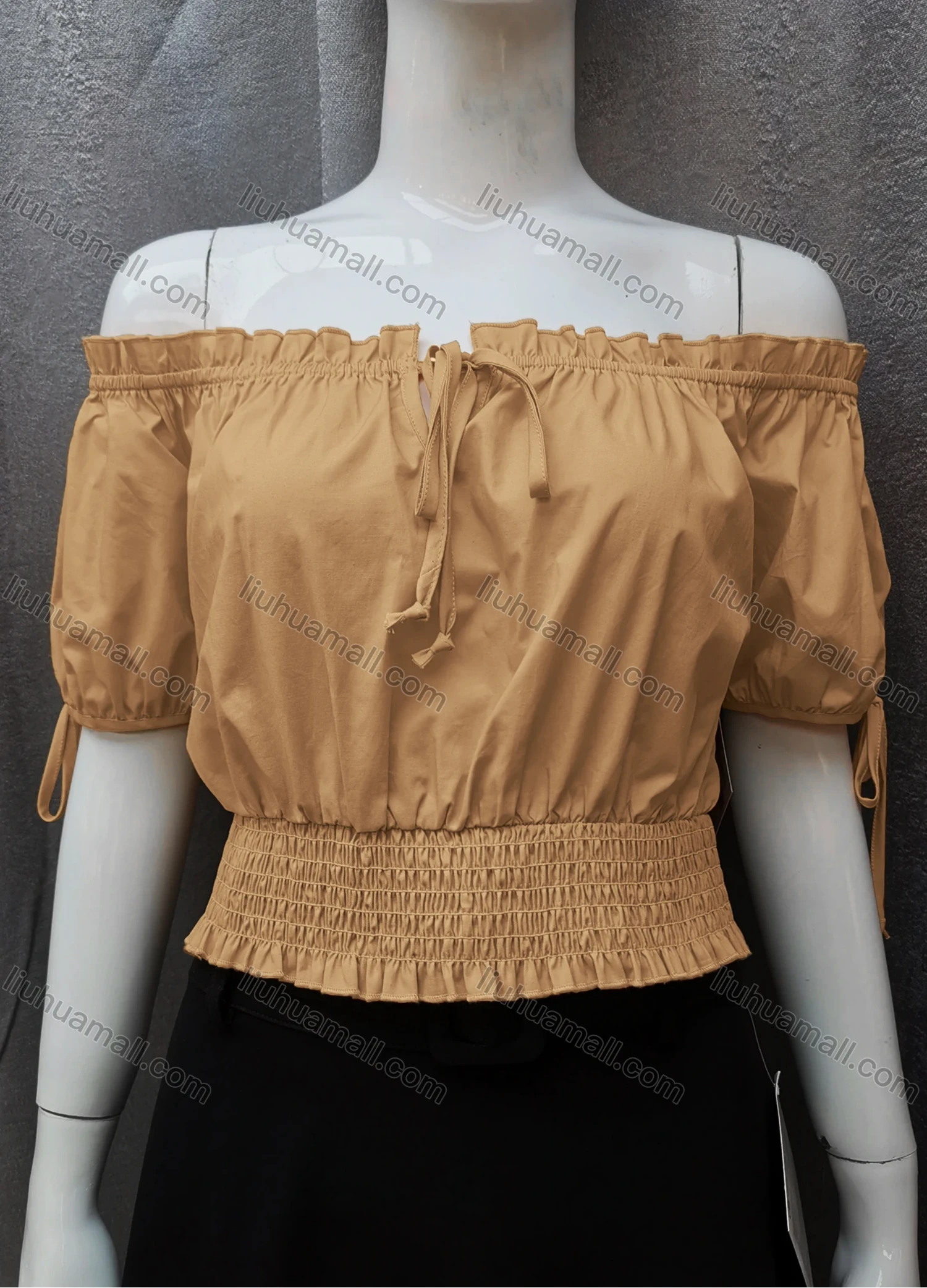 Wholesale Women's Casual Shirred Off Shoulder Ruffle Trim Tie Front Plain Crop Blouse FL2025# - Liuhuamall