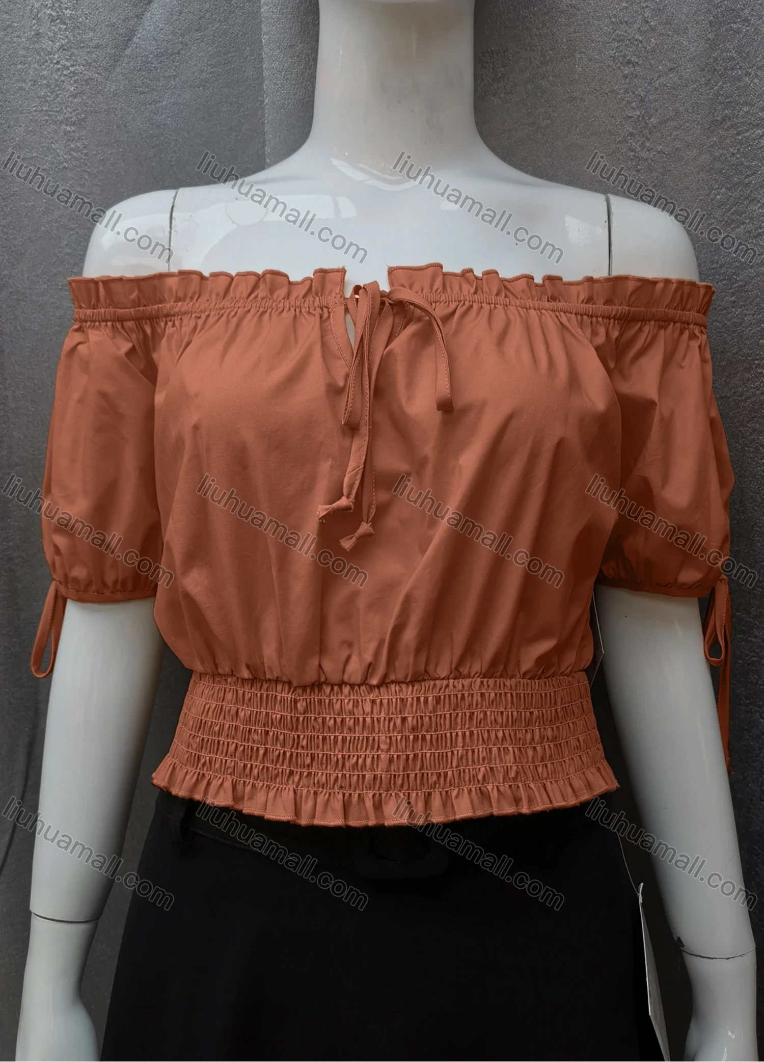 Wholesale Women's Casual Shirred Off Shoulder Ruffle Trim Tie Front Plain Crop Blouse FL2025# - Liuhuamall