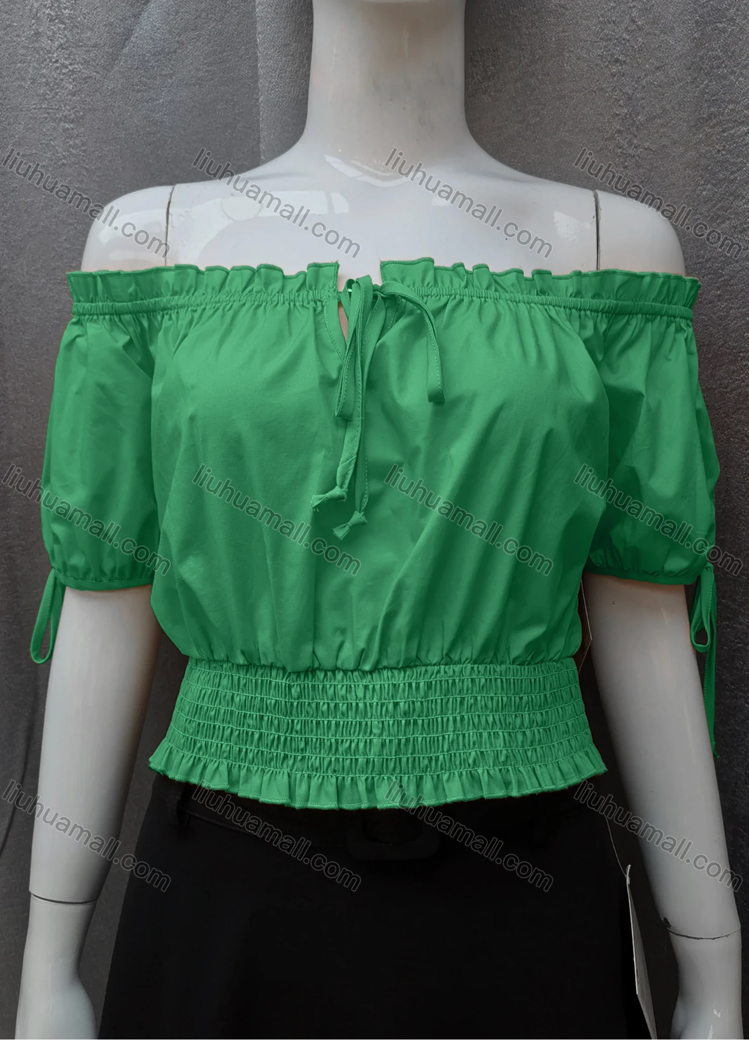 Wholesale Women's Casual Shirred Off Shoulder Ruffle Trim Tie Front Plain Crop Blouse FL2025# - Liuhuamall