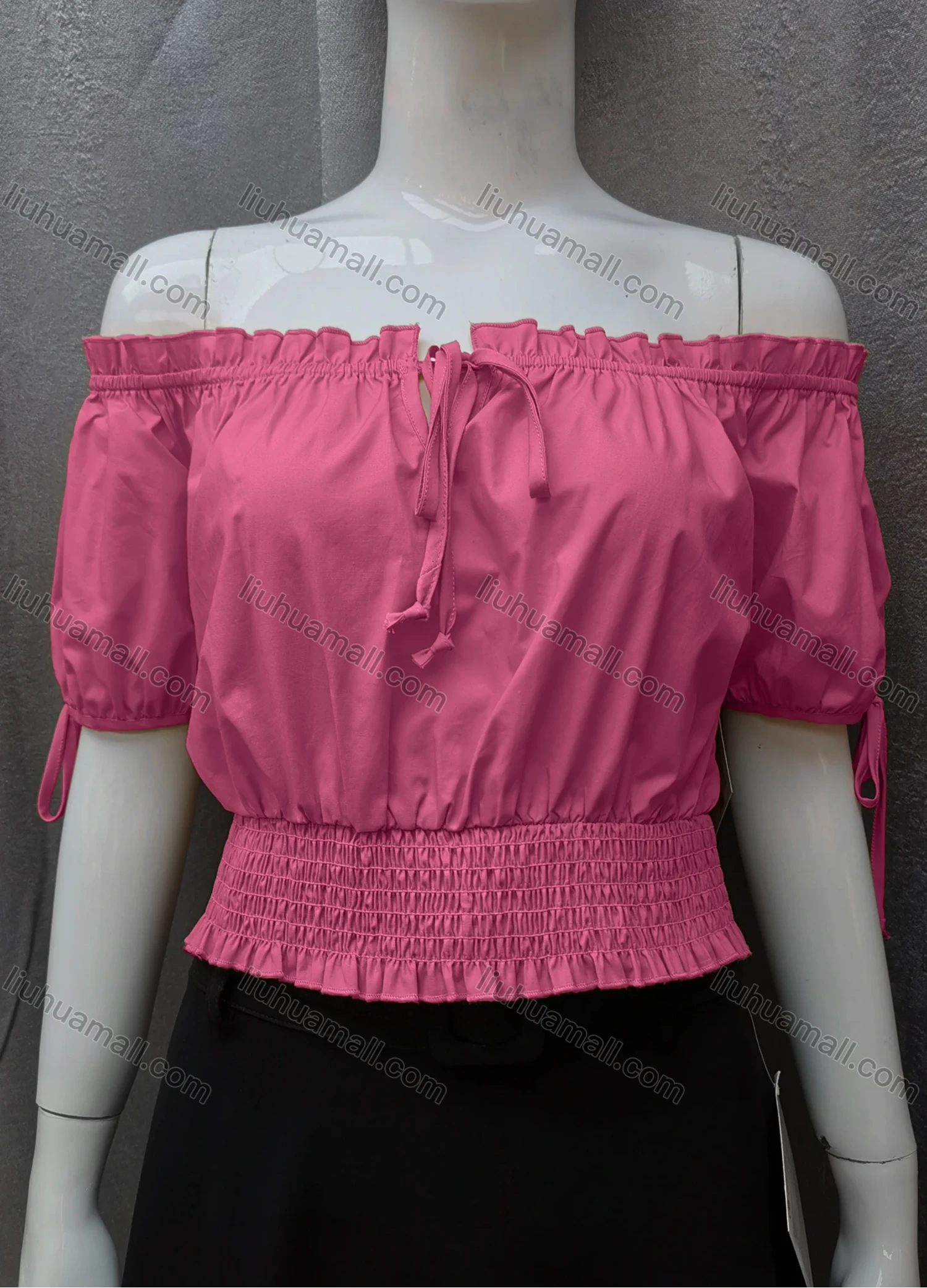 Wholesale Women's Casual Shirred Off Shoulder Ruffle Trim Tie Front Plain Crop Blouse FL2025# - Liuhuamall