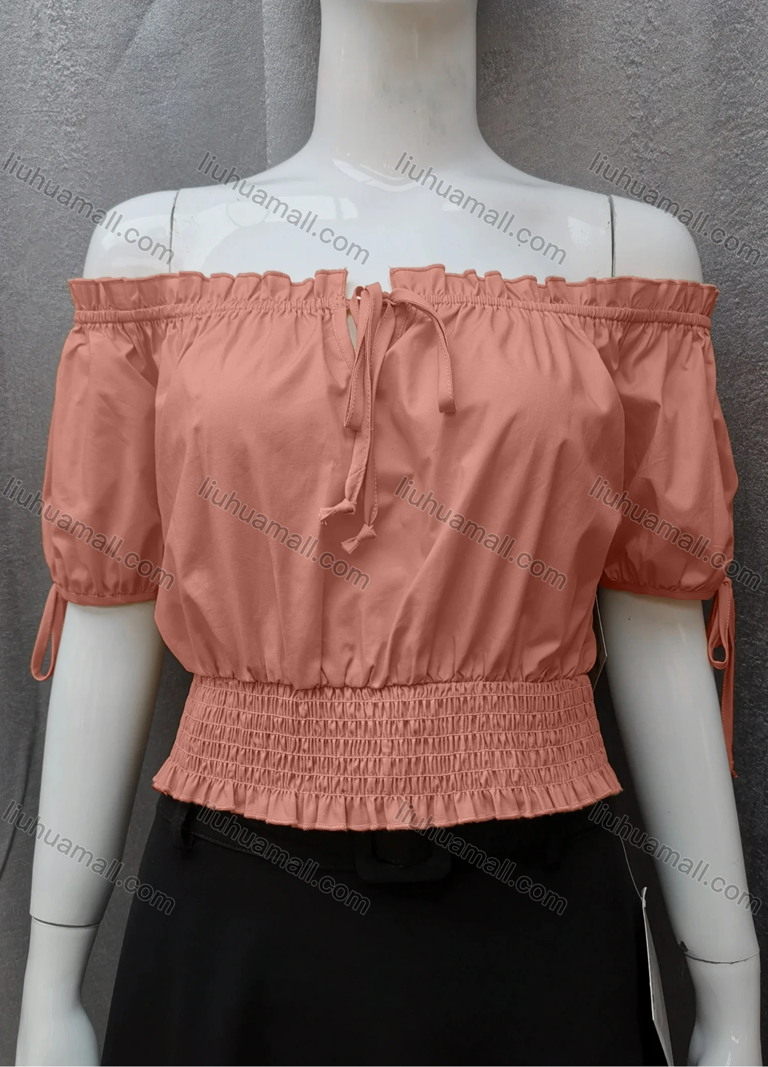 Wholesale Women's Casual Shirred Off Shoulder Ruffle Trim Tie Front Plain Crop Blouse FL2025# - Liuhuamall