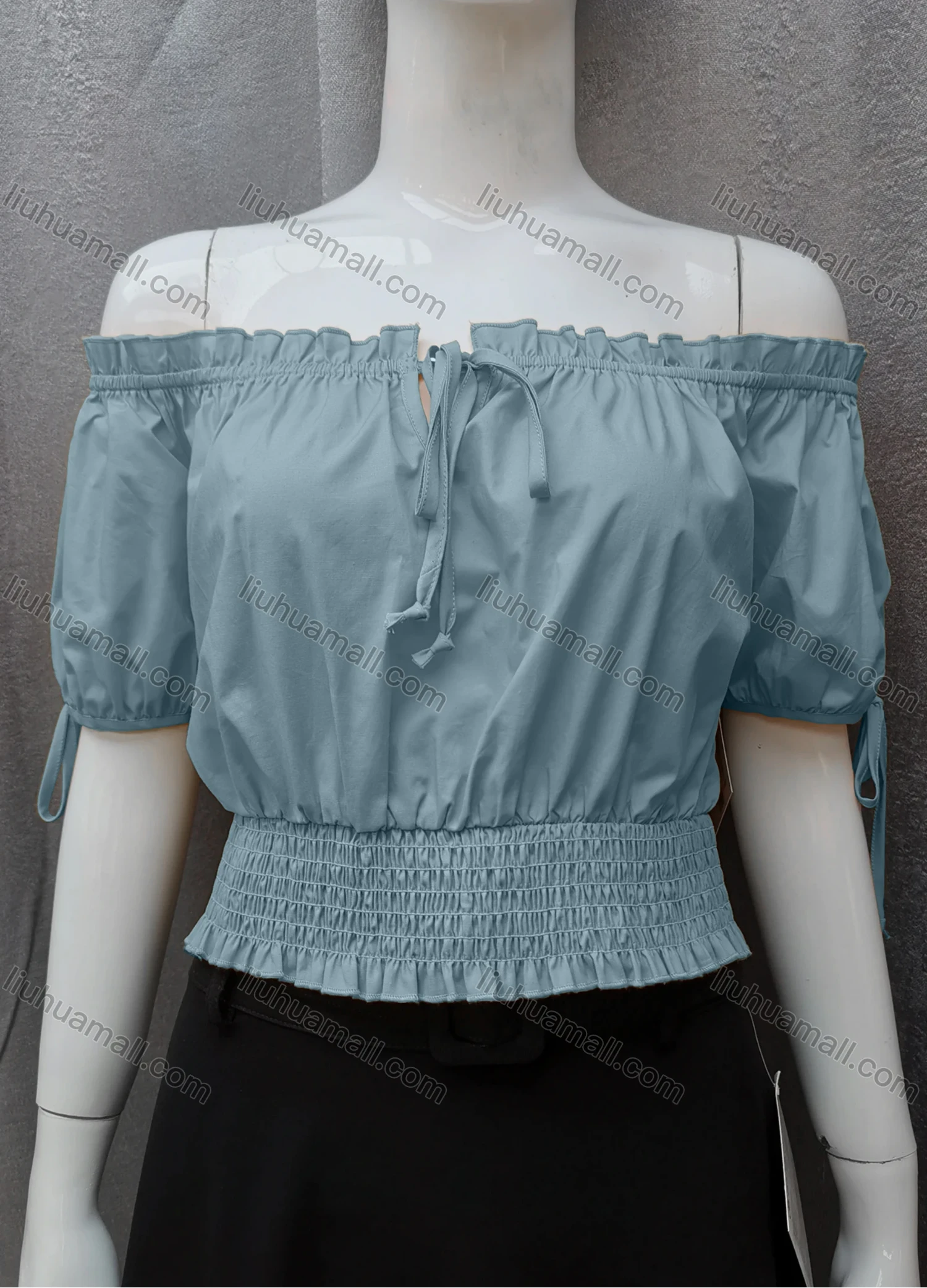 Wholesale Women's Casual Shirred Off Shoulder Ruffle Trim Tie Front Plain Crop Blouse FL2025# - Liuhuamall
