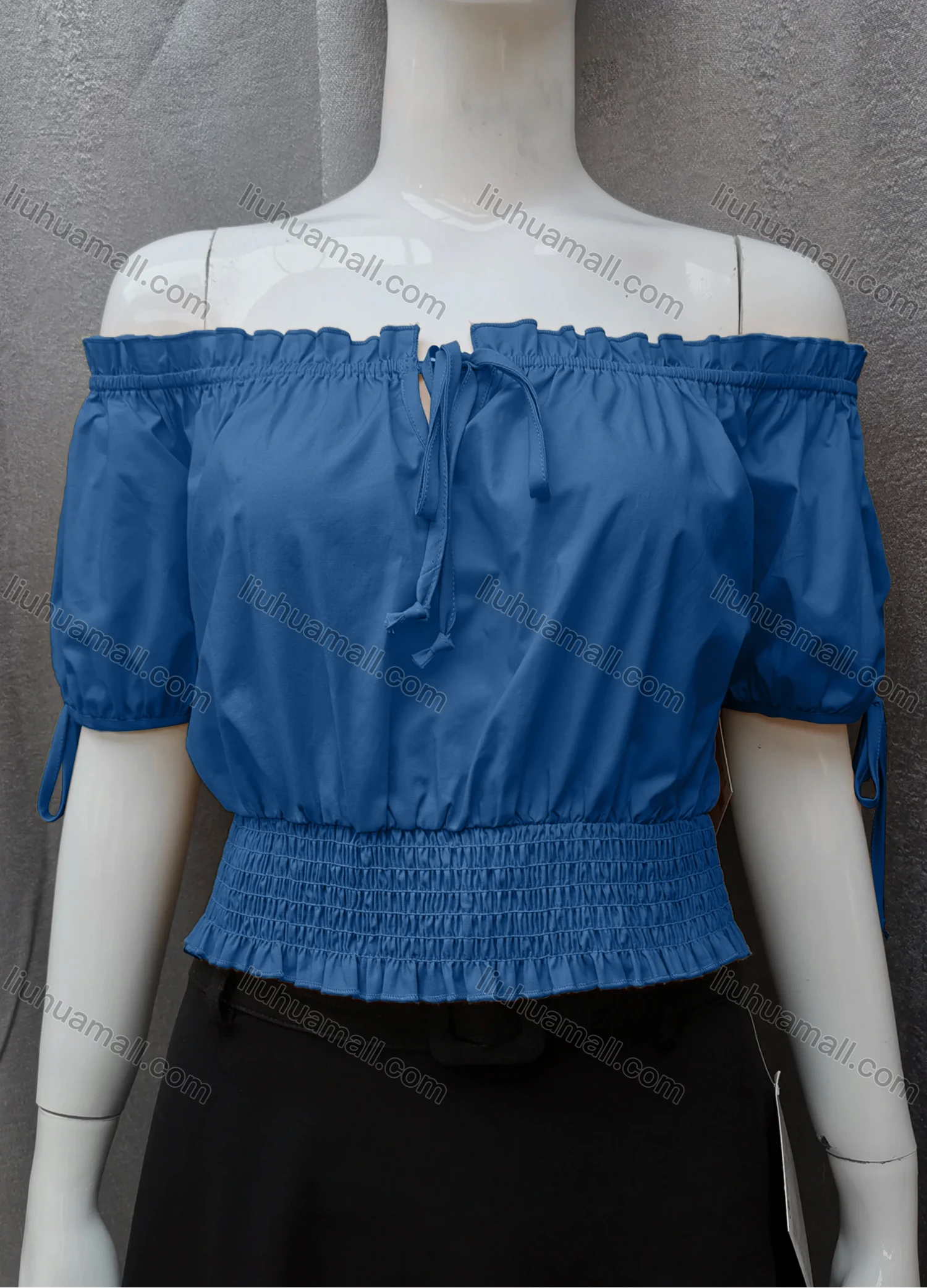 Wholesale Women's Casual Shirred Off Shoulder Ruffle Trim Tie Front Plain Crop Blouse FL2025# - Liuhuamall