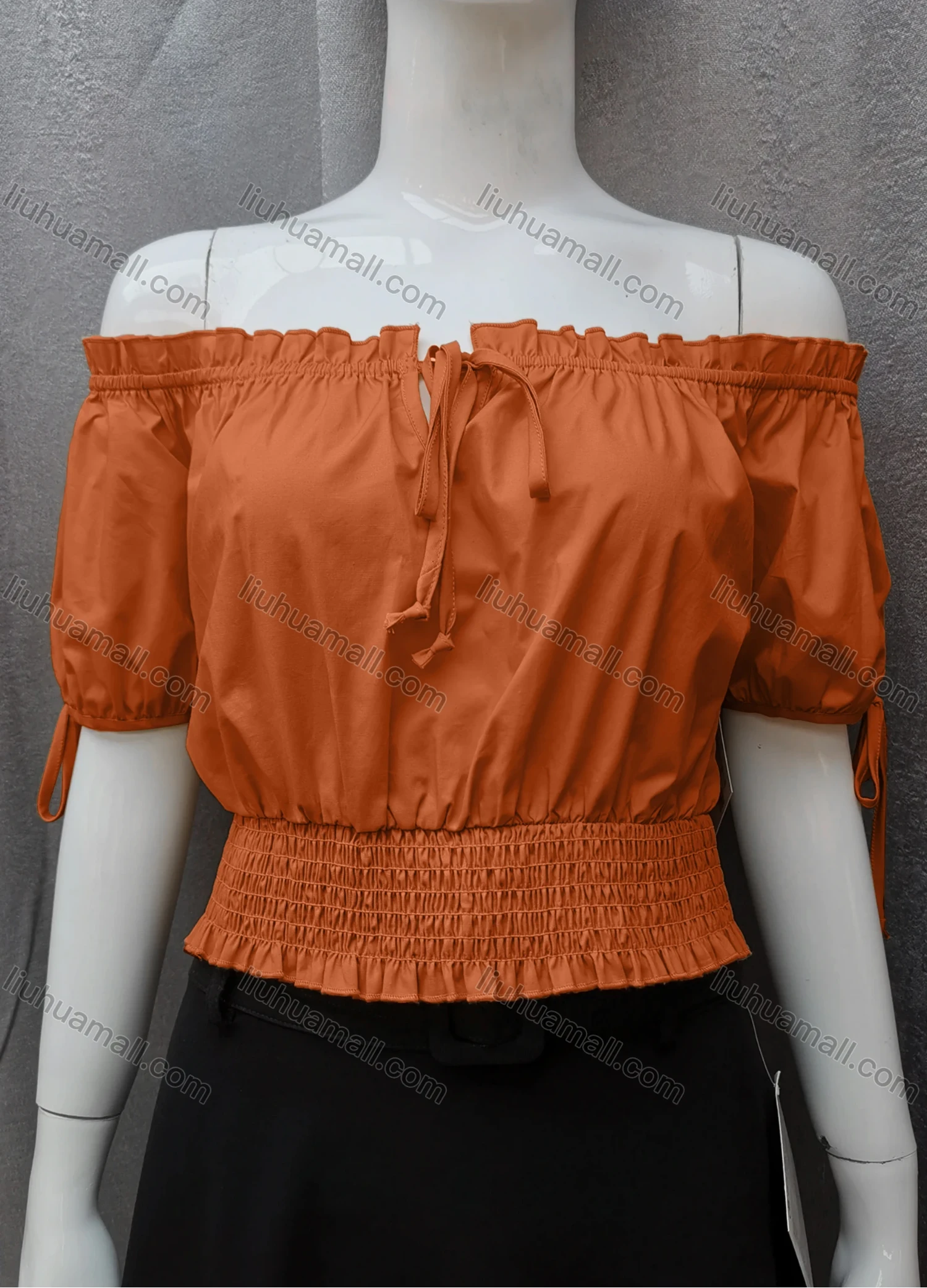 Wholesale Women's Casual Shirred Off Shoulder Ruffle Trim Tie Front Plain Crop Blouse FL2025# - Liuhuamall