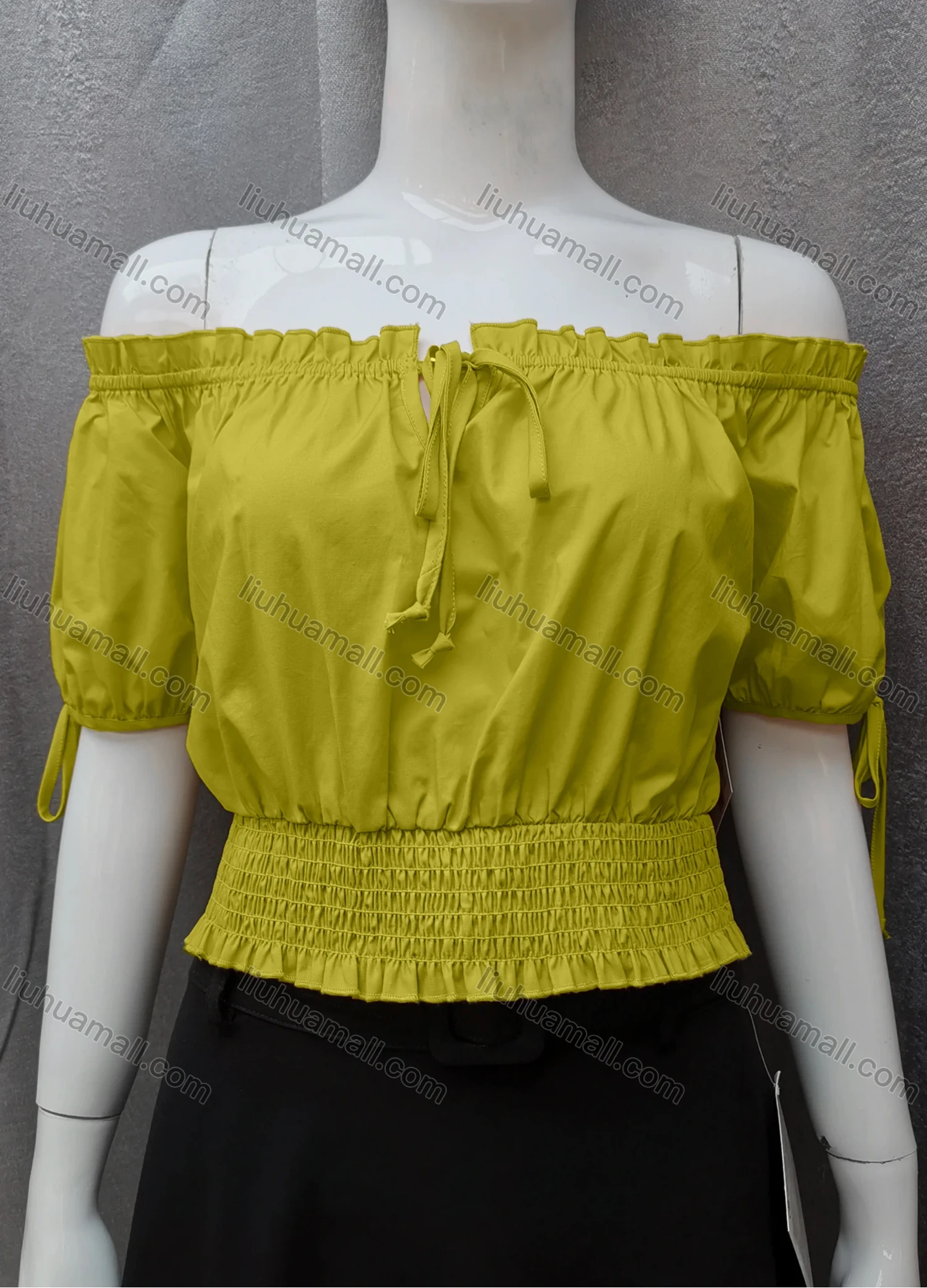 Wholesale Women's Casual Shirred Off Shoulder Ruffle Trim Tie Front Plain Crop Blouse FL2025# - Liuhuamall