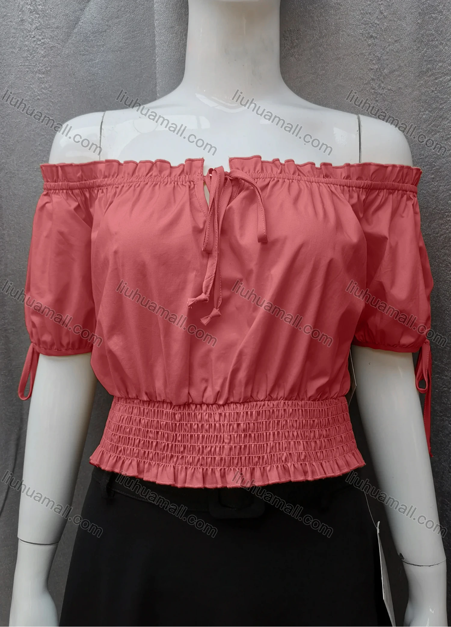 Wholesale Women's Casual Shirred Off Shoulder Ruffle Trim Tie Front Plain Crop Blouse FL2025# - Liuhuamall