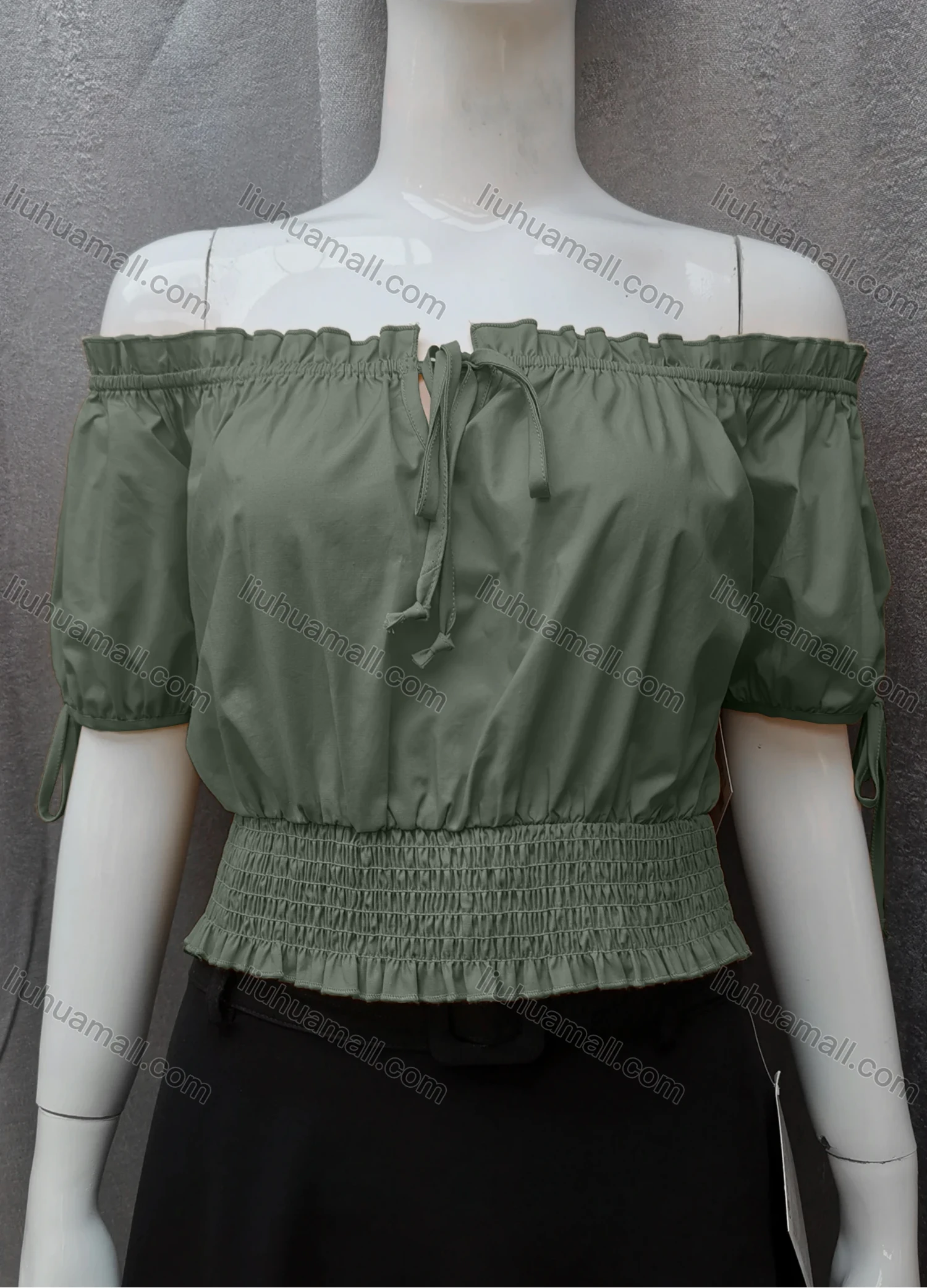 Wholesale Women's Casual Shirred Off Shoulder Ruffle Trim Tie Front Plain Crop Blouse FL2025# - Liuhuamall