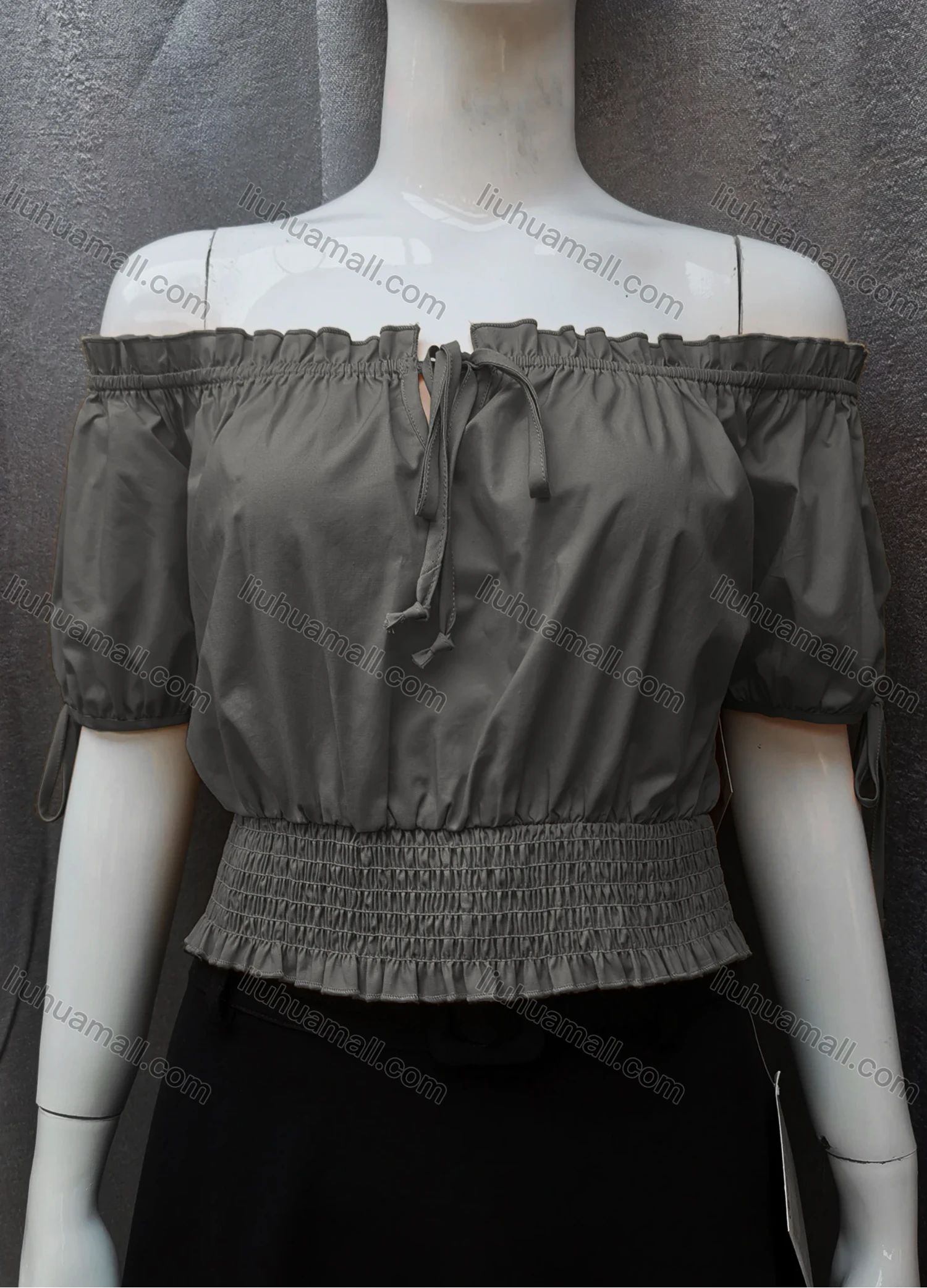 Wholesale Women's Casual Shirred Off Shoulder Ruffle Trim Tie Front Plain Crop Blouse FL2025# - Liuhuamall