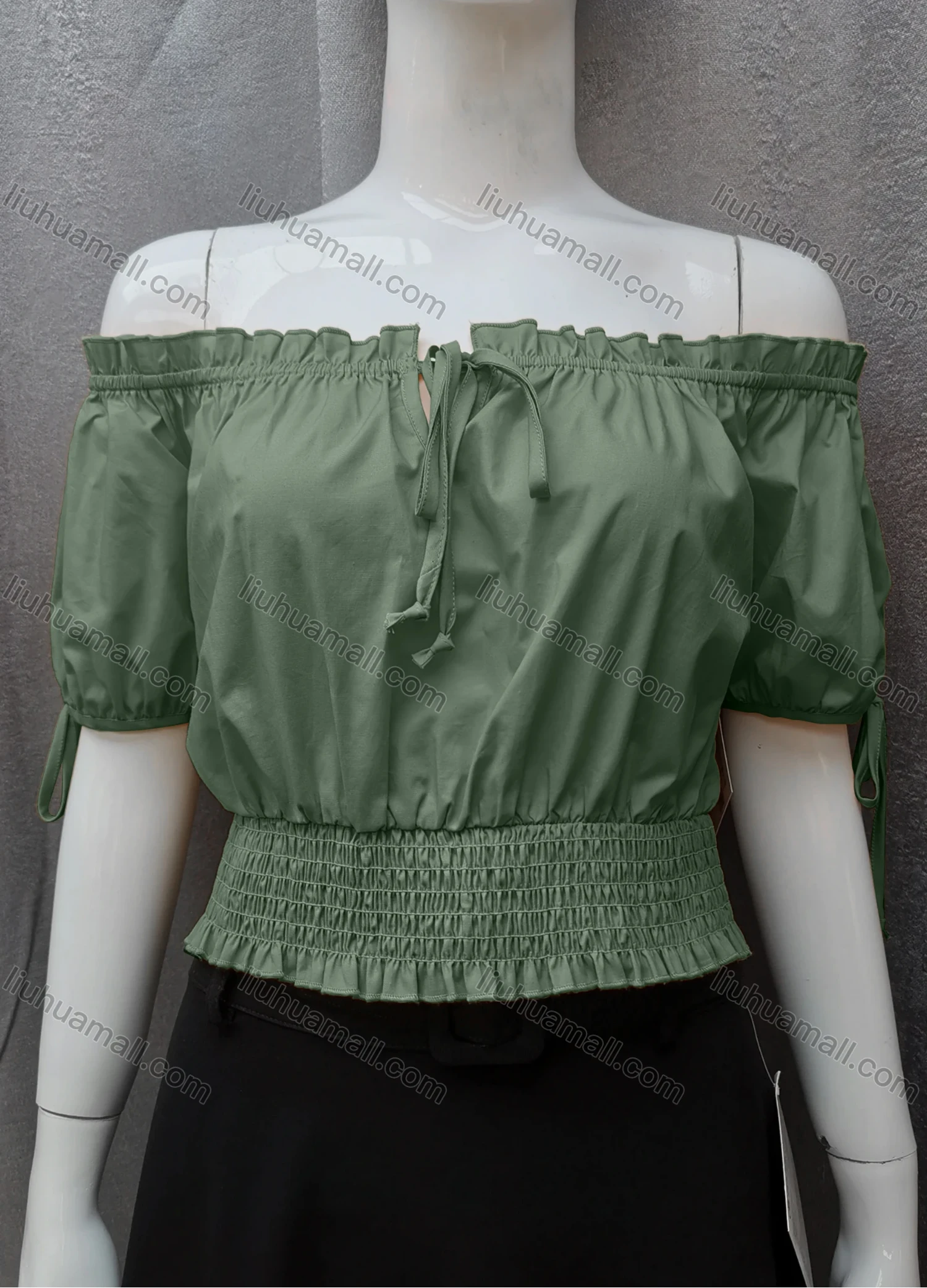 Wholesale Women's Casual Shirred Off Shoulder Ruffle Trim Tie Front Plain Crop Blouse FL2025# - Liuhuamall